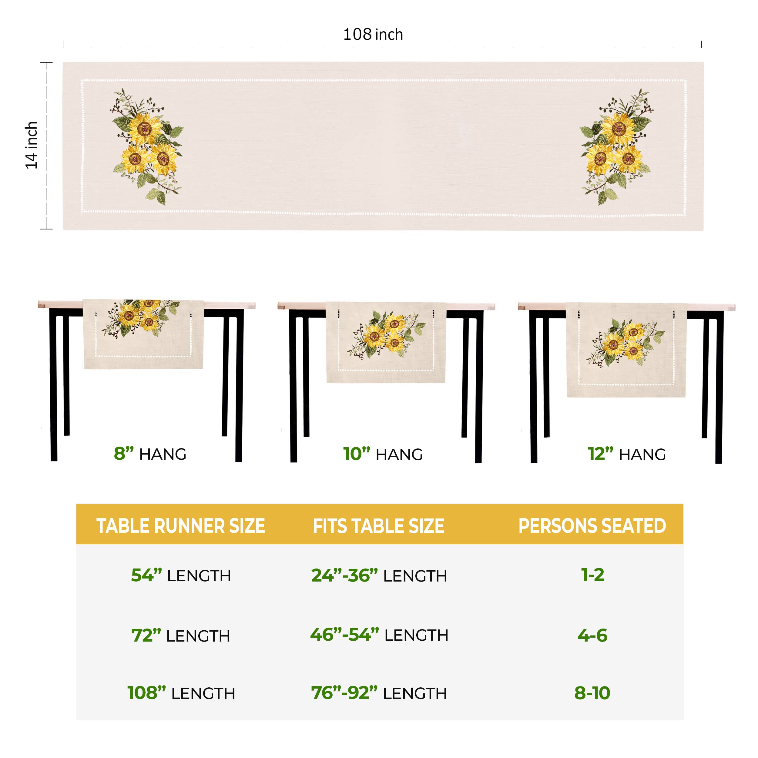 Sunflower Embroidered Beige Table Runner with Hemstitch - 14x108 Inch Rustic Farmhouse Decor for Dining Table, Coffee Table, Dresser & Bedroom - Perfect for Weddings, Holidays & Home Decoration
