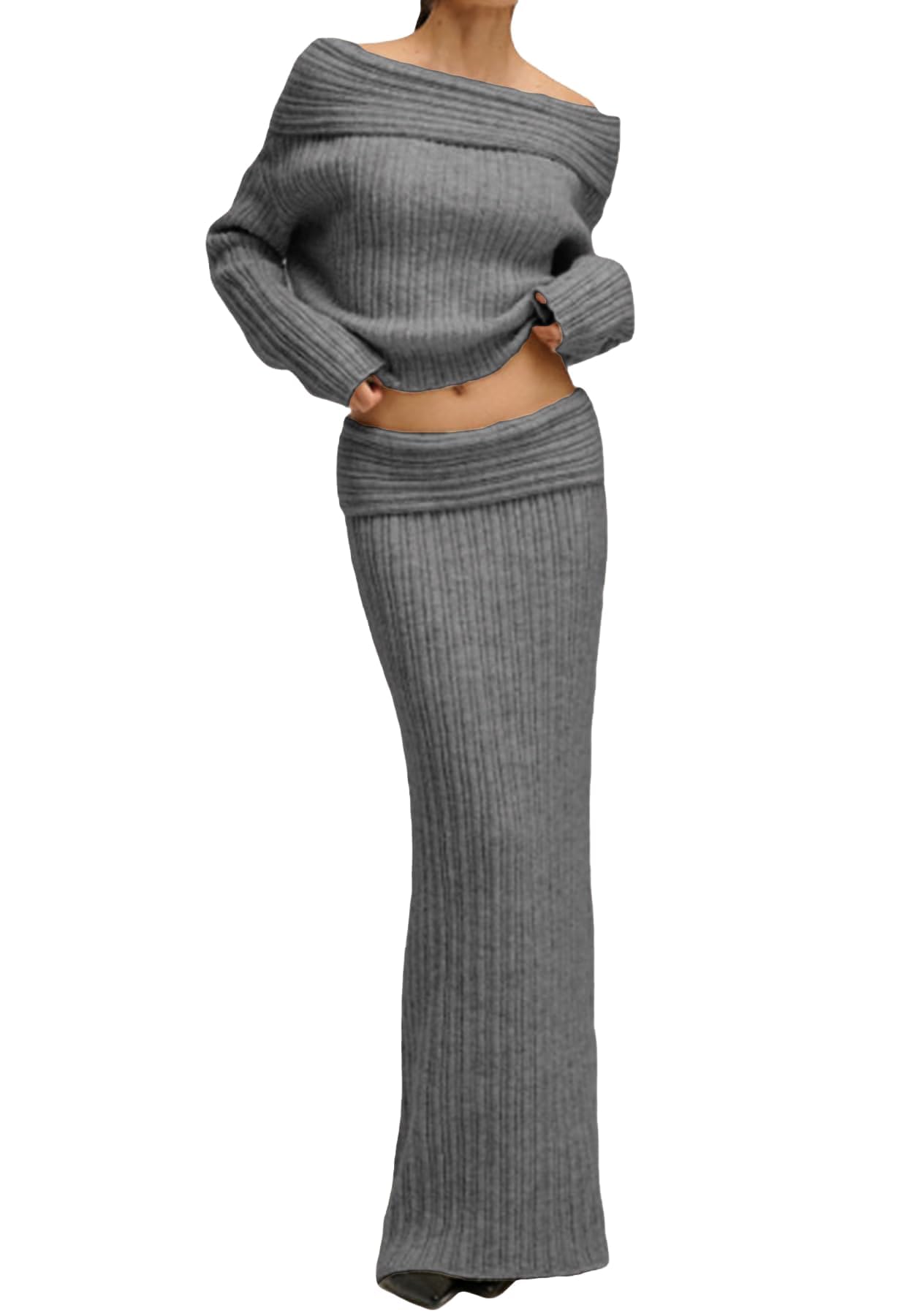 NRTHYE Women's 2-Piece Sweater Set - Off Shoulder Long Sleeve Top & Bodycon Knitted Maxi Skirt Outfit | Fall Winter Fashion, Casual Date Night, Office Wear, Holiday Party Outfits