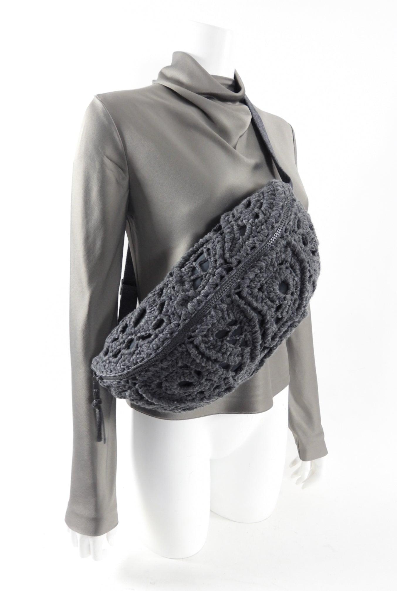Brunello Cucinelli Grey Cashmere Crochet Crossbody Belt Bag for Women - Luxury Handmade Cashmere Purse for Travel, Shopping & Everyday Use