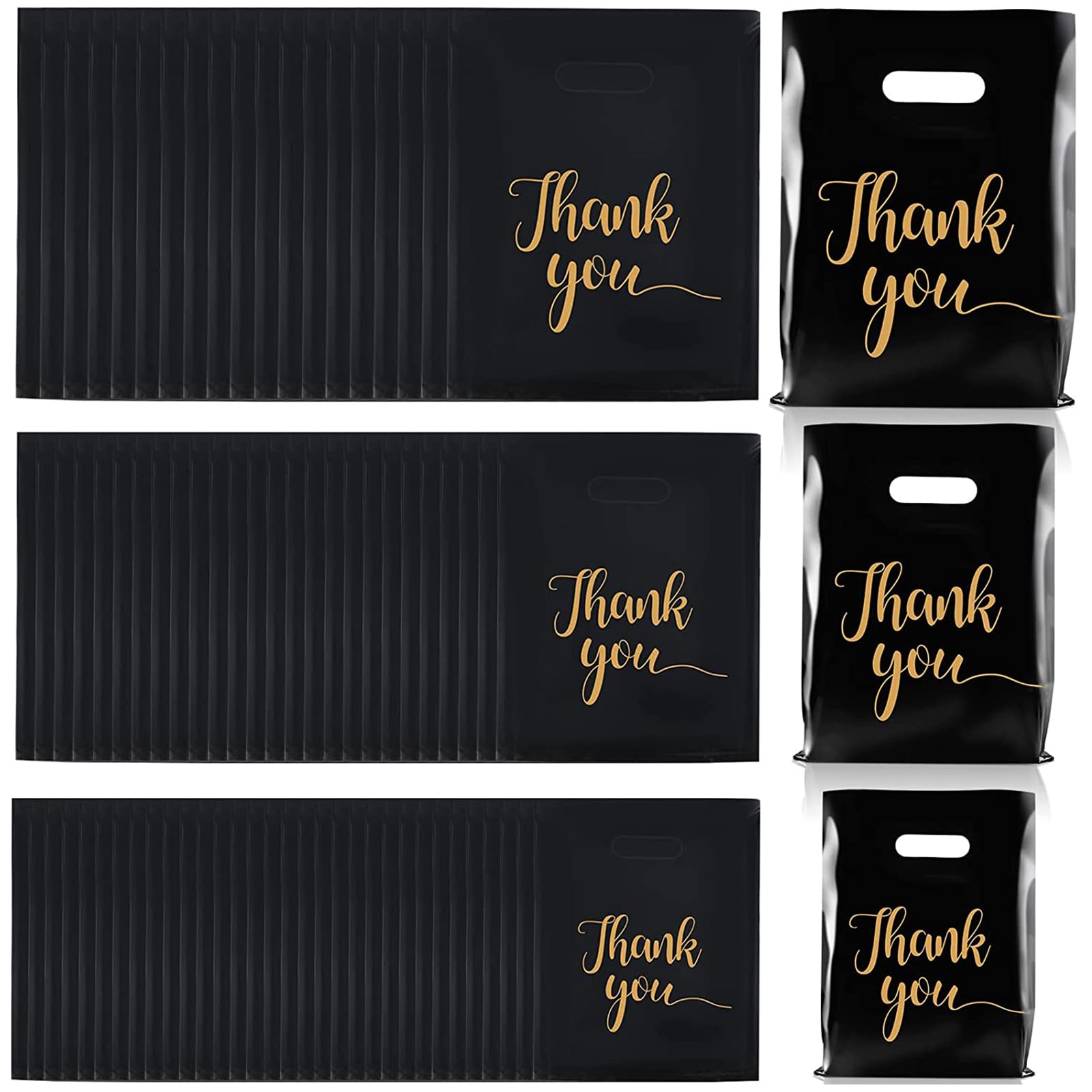 300PCS 3-Size Thank You Merchandise Bags - Die-Cut Plastic Shopping Bags with Handles for Gifts, Parties, Retail & Business (Black) | Perfect for Boutique Packaging, Store Giveaways & Event Favors
