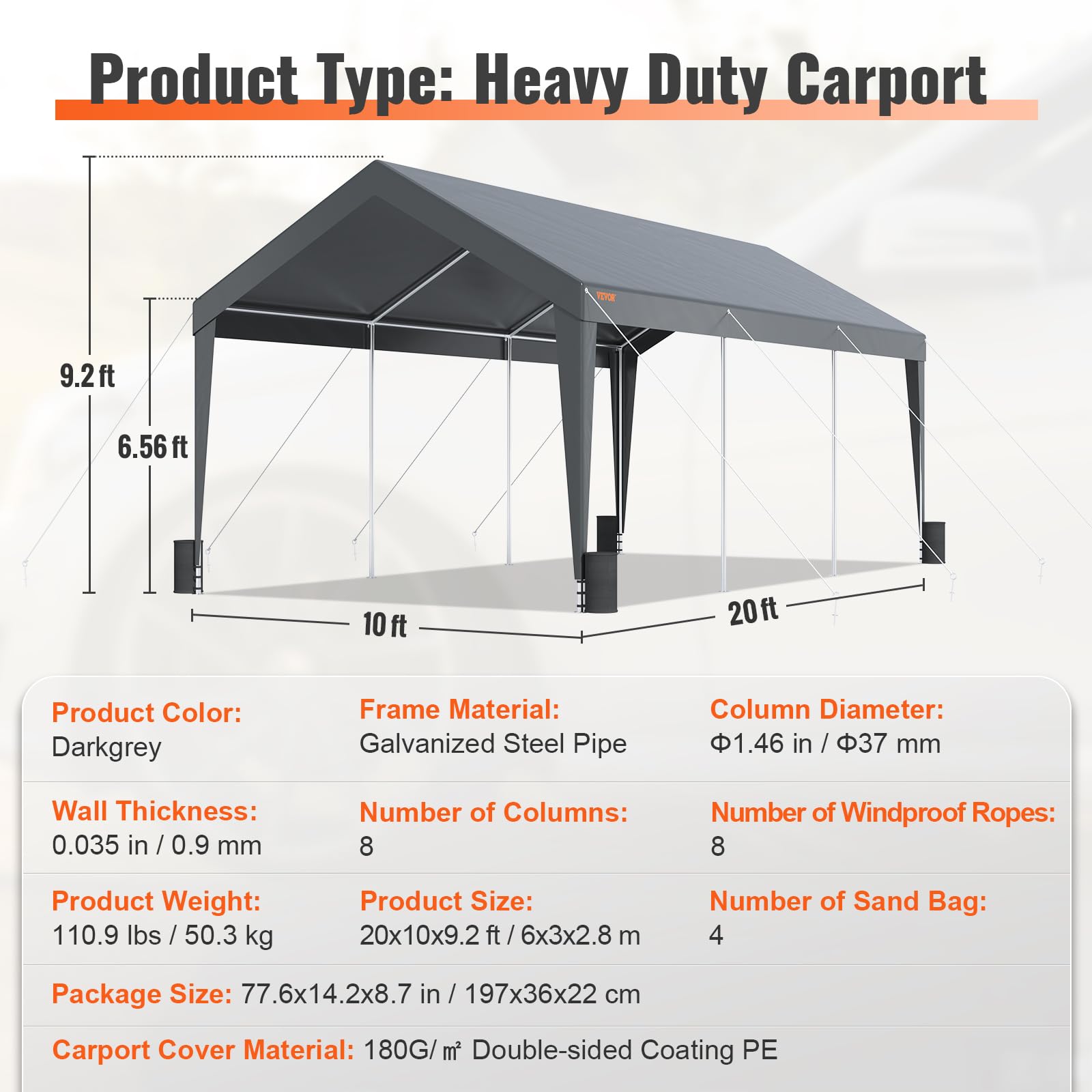 VEVOR 10x20ft Heavy Duty Carport Canopy - UV Resistant Waterproof Shelter for Cars, SUVs, Trucks & Boats | Reinforced Frame with 8 Poles & 4 Weight Bags | Perfect for Outdoor Parking, Parties & Events