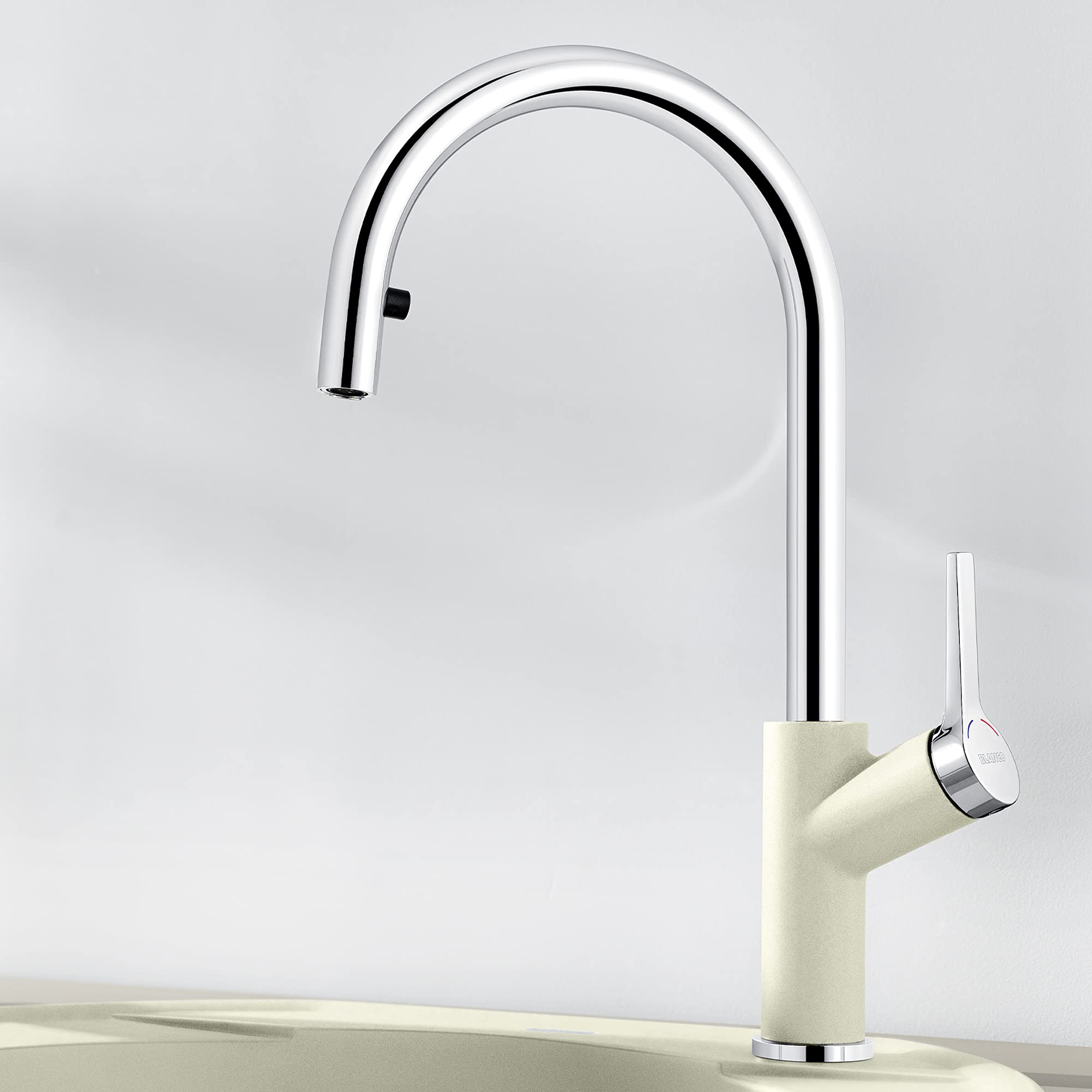 BLANCO 526393 Urbena Single Handle Pull-Down Kitchen Faucet 1.5 GPM Low Flow, Chrome/Biscuit Finish - Ideal for Modern Home Kitchen, Restaurant & Commercial Use