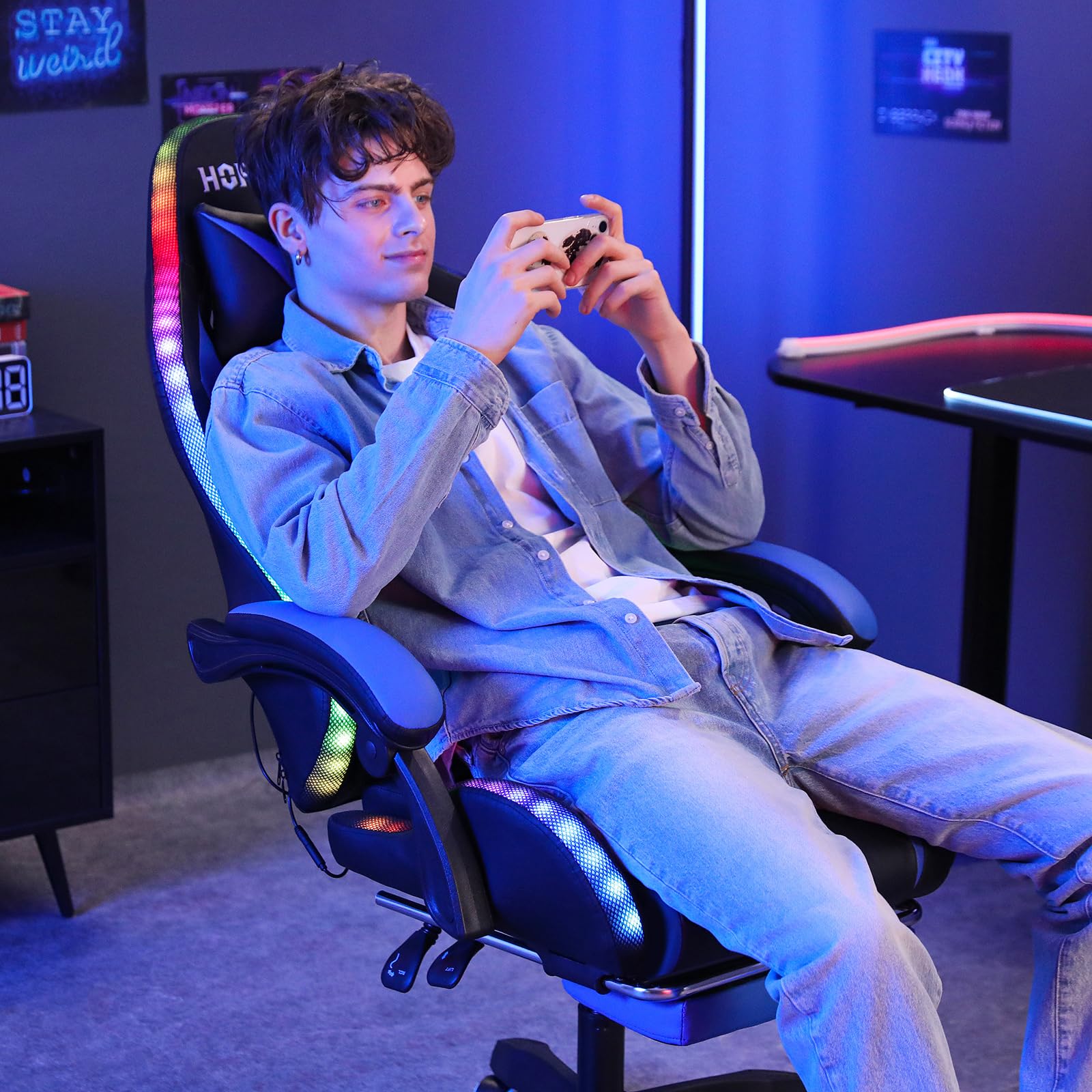Ergonomic Gaming Chair with LED Lights, Footrest & Massage - High Back Reclining Computer Chair with Adjustable Lumbar Support (Blue & Black) - Perfect for Esports, Streaming & Home Office Setup