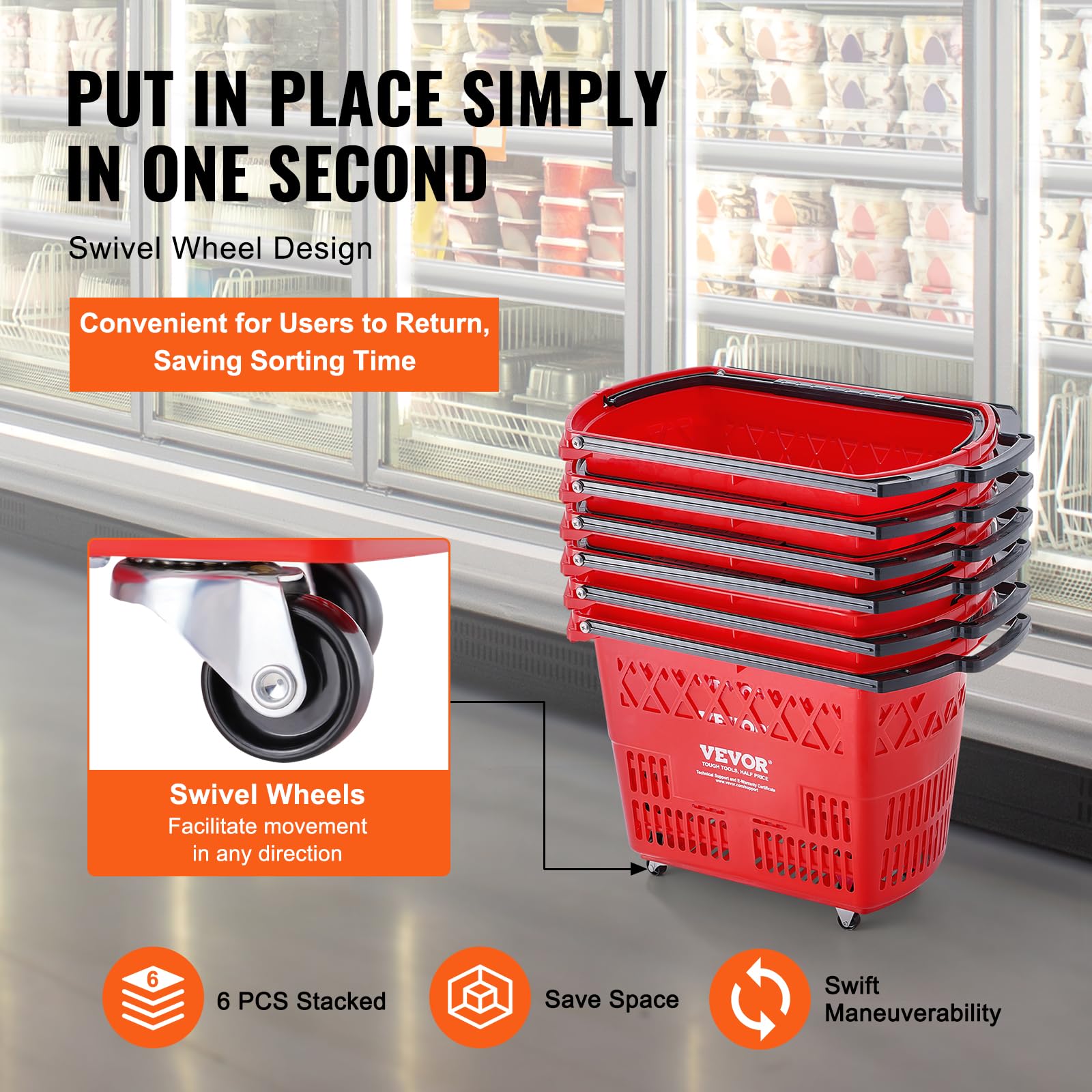 VEVOR 6-Piece 39L Rolling Shopping Baskets with Handles & Wheels - Large Plastic Portable Shopping Cart Set for Supermarkets, Retail Stores, Grocery Shopping - Perfect for Quick Checkouts and Bulk Purchases (Red)