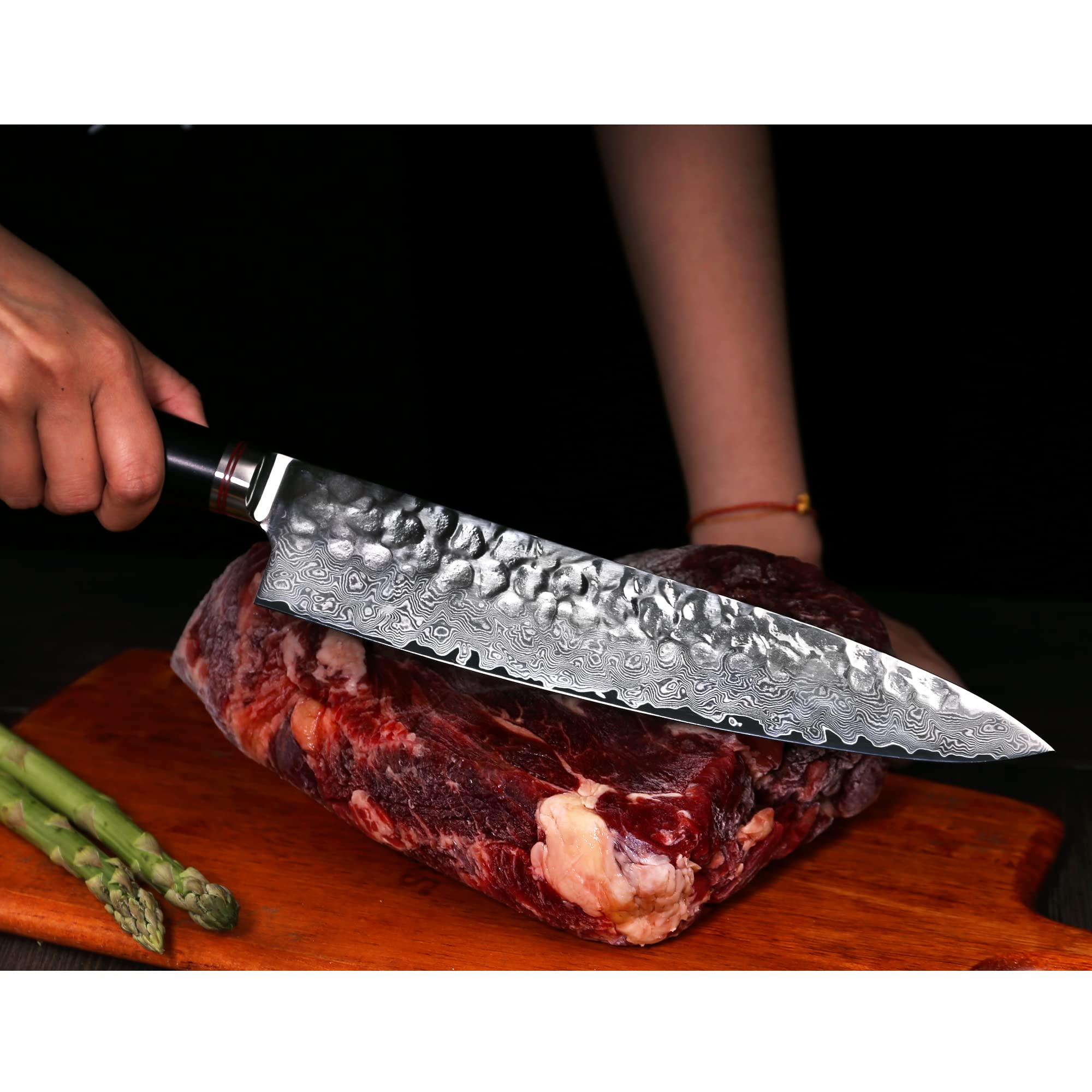 YOUSUNLONG 12-inch Professional Japanese Damascus Steel Gyuto Chef Knife - Razor Sharp Kitchen Knife with Hammered Finish & Ebony Wood Handle - Includes Leather Sheath - Perfect for Slicing, Dicing, and Precision Cooking