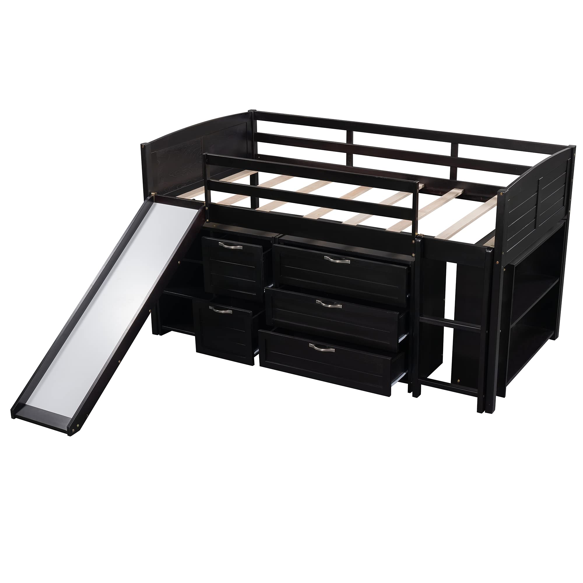 **Harper & Bright Designs Solid Wood Twin Low Loft Bed with Slide, Cabinets & Shelves – Espresso – Kids Bedroom Furniture for Boys & Girls – Perfect for Small Spaces & Playrooms**