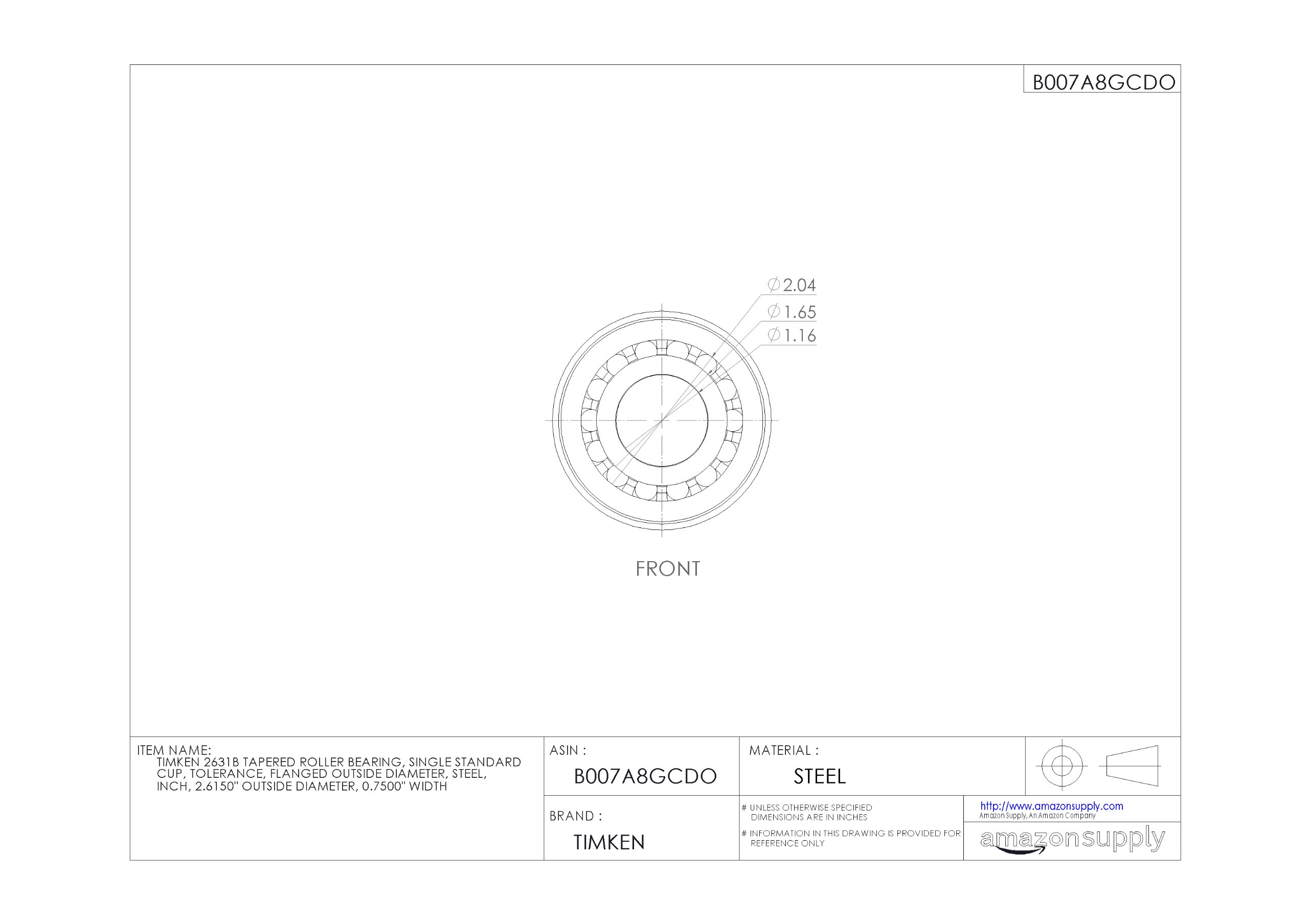 Timken 2631B Tapered Roller Bearing - Single Cup, Standard Tolerance, Flanged OD, Steel Construction, 2.615