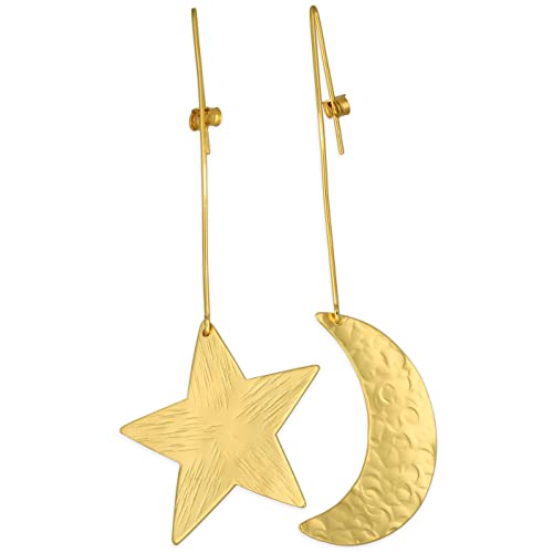 Hypoallergenic Gold Sterling Silver Star & Crescent Moon Earrings - Large Statement Mismatched Earrings for Women, Perfect Mother's Day Gift | Boho Chic Jewelry for Parties, Weddings & Everyday Wear