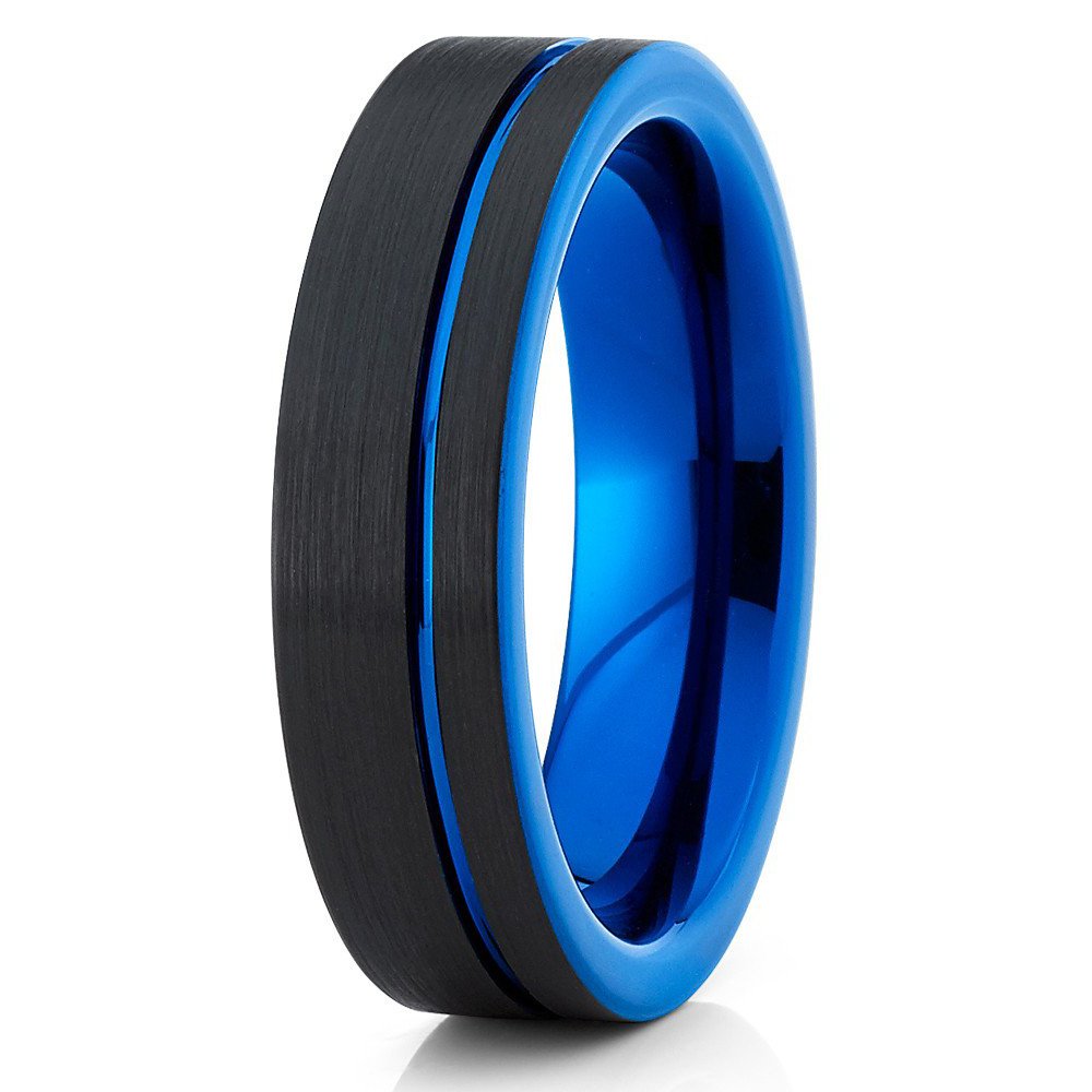 Blue Tungsten Wedding Band for Men & Women - 6mm Comfort Fit Black Tungsten Carbide Ring - Anniversary, Engagement, or Promise Ring - Durable & Scratch-Resistant for Daily Wear