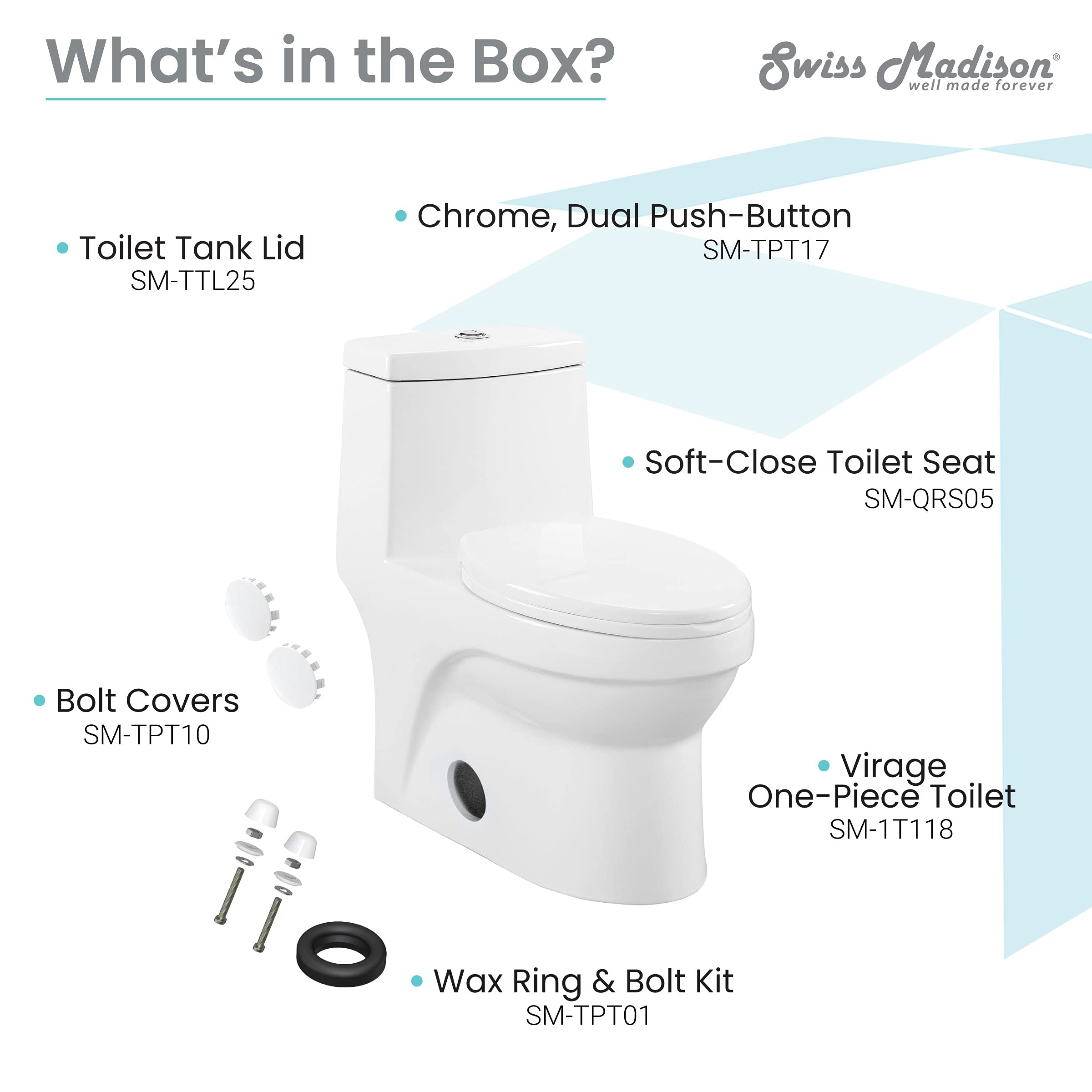 Swiss Madison SM-1T118 Virage One Piece Elongated Dual Flush Toilet 0.8/1.28 GPF - High Efficiency Water Saving Design - Glossy White - Perfect for Modern Bathrooms & Small Spaces