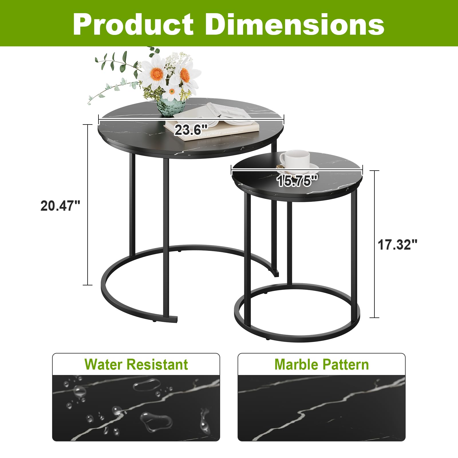 RRG Coffee Table Nesting Set of 2 - Black Metal Frame with Round Black Marble Top, Industrial Side End Tables for Living Room, Bedroom, Apartment, Balcony & Yard - Perfect for Coffee, Books & Decor