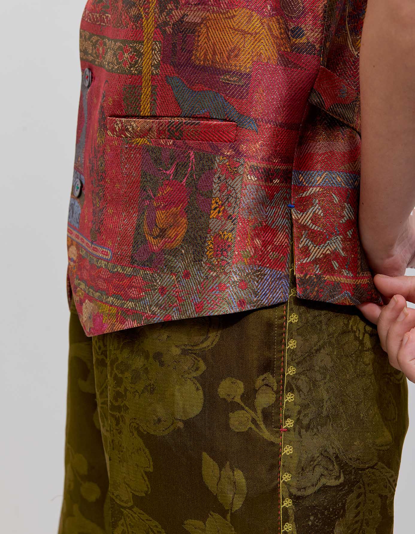 Silk Brocade Vest with Zig Zag Crimson Panchatantra Design - Elegant Traditional Indian Wear for Weddings & Festivals