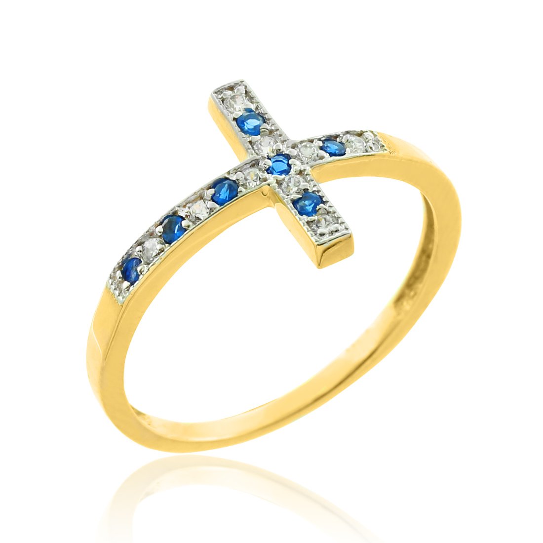 10K Gold Diamond Sideways Cross Ring with Sapphire - Elegant Religious Jewelry for Women, Perfect for Gifts, Weddings & Everyday Wear