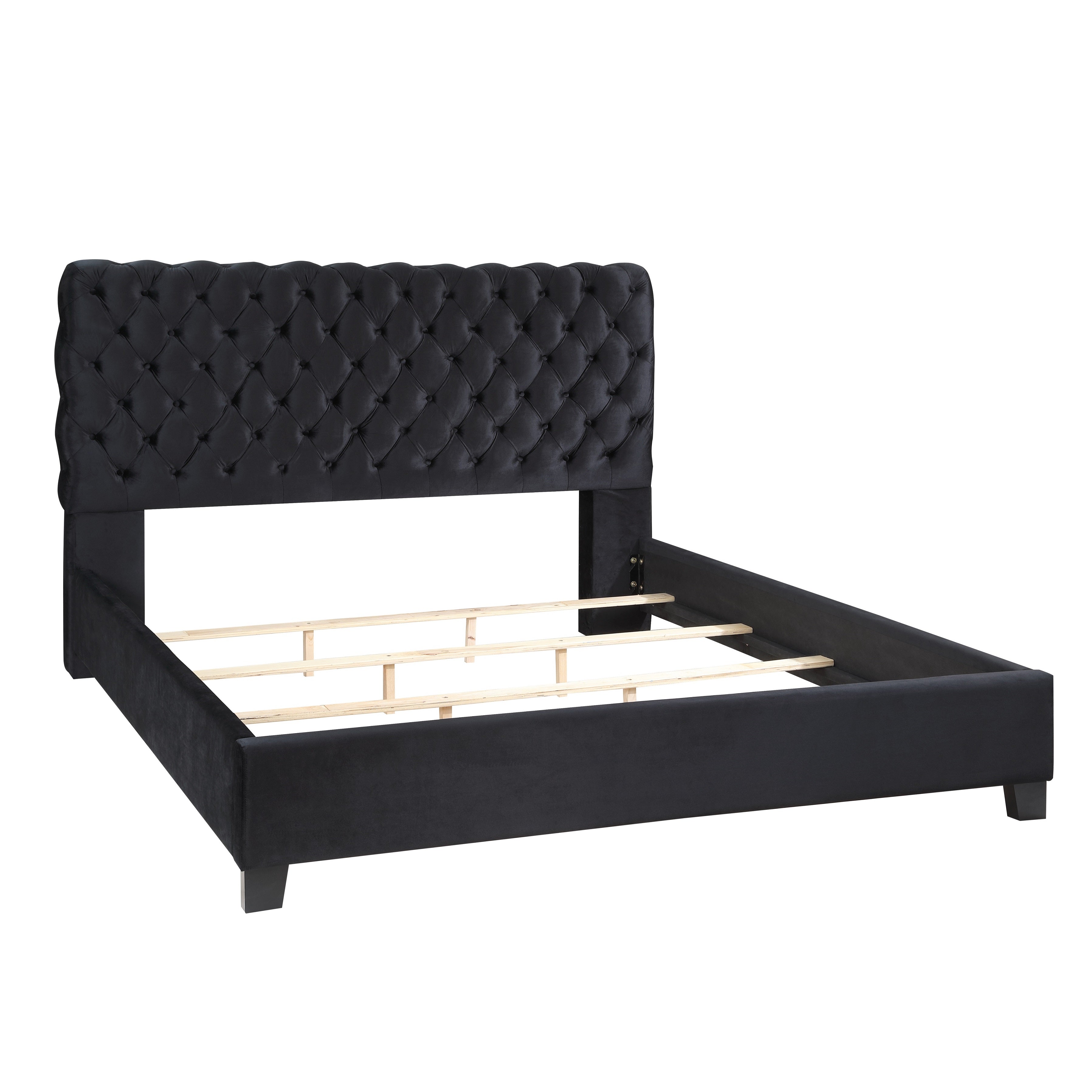 Roundhill Furniture Apoera Velvet Upholstered Button Tufted Queen Bed Frame - Luxurious Black Velvet Fabric for Bedroom Decor | Perfect for Master Bedroom, Guest Room & Apartment