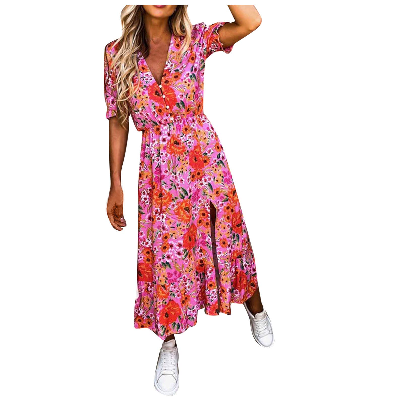 Elegant Tea Length Evening Dress with Sleeves, V-Neck & Side Split - Floral Print Women's Cocktail Dress for Casual Winter Wear | Perfect for Holiday Parties, Date Nights & Special Occasions