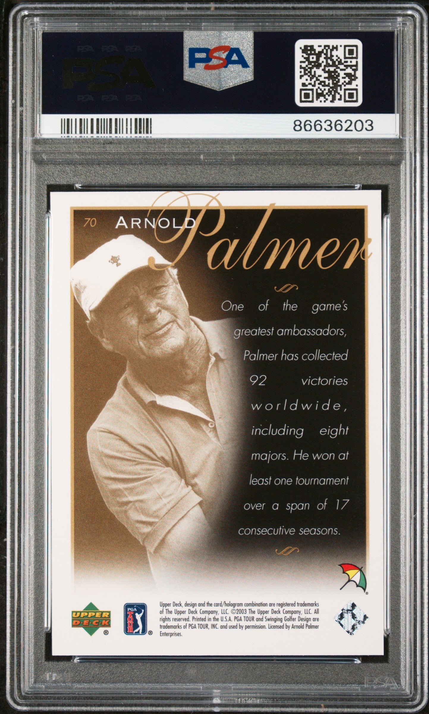 2003 Upper Deck Golf Arnold Palmer #70 PSA 10 Gem Mint - Rare Collectible Trading Card for Golf Fans & Sports Memorabilia Enthusiasts - Perfect for Display, Investment & Gifts