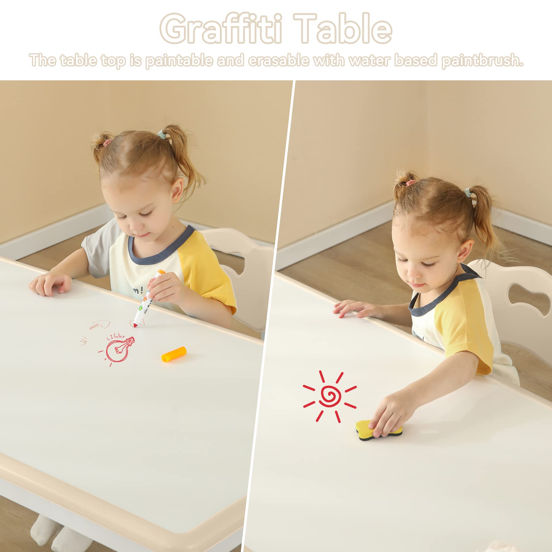 Kids Table and 4 Chairs Set - Adjustable Height Toddler Furniture for Ages 3-8 | Study Desk, Dining Table & Art Station with Graffiti Desktop | Perfect for Learning, Eating & Creative Play | Gift for Boys & Girls (Burlywood)