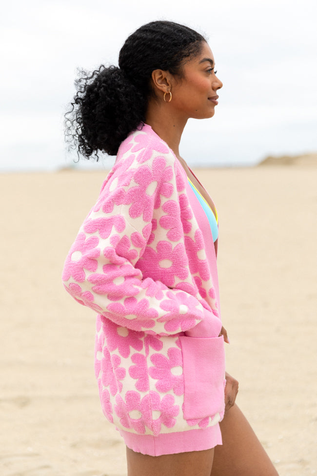Stylish Pink Floral Print Terry Cloth Cardigan for Women - Soft & Comfortable Lightweight Cover-Up - Perfect for Spring, Summer, Beach, and Casual Outfits