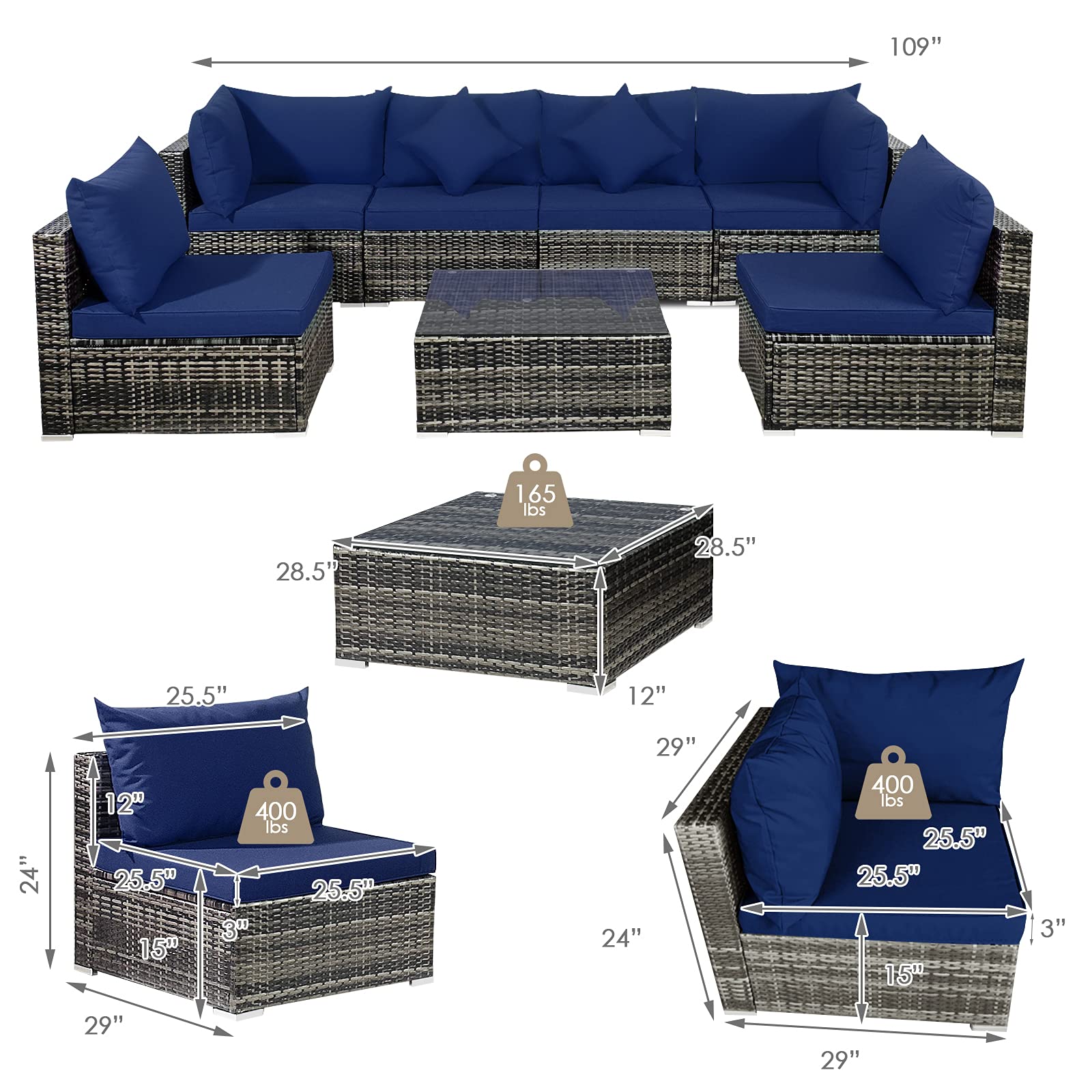 7-Piece Outdoor Patio Furniture Set - All-Weather PE Rattan Sectional Sofa with Cushions & Tempered Glass Coffee Table - Navy Blue Conversation Set for Backyard, Garden, Poolside or Deck Relaxation