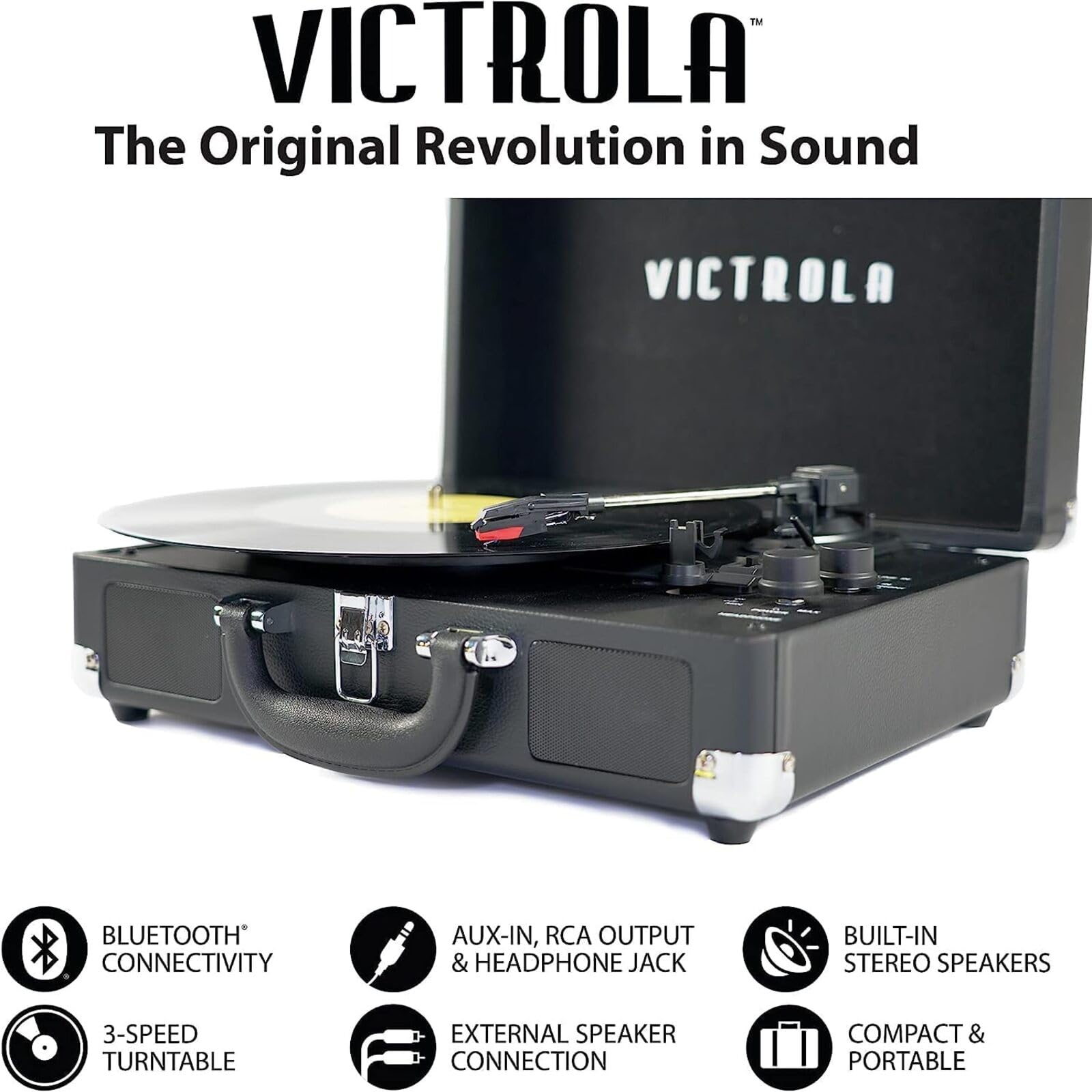 Victrola Journey+ Signature Turntable - 3-Speed Vinyl Record Player with Bluetooth, Built-in Speakers & RCA Output, Linen Finish in Cream - Perfect for Home, Office, and Travel Use