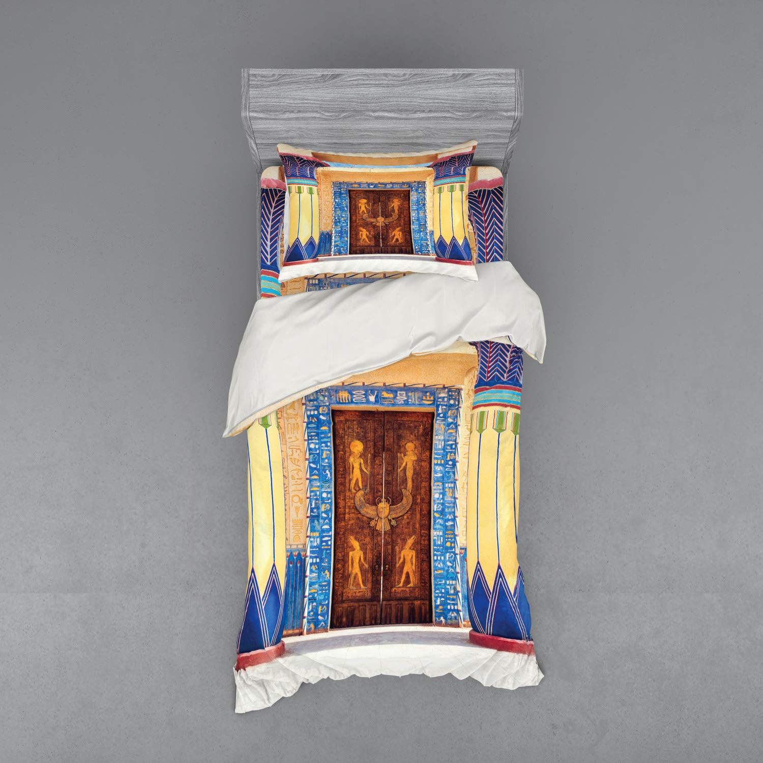 Ambesonne Egyptian Heritage Bedding Set - 3 Piece Duvet Cover with Sham & Fitted Sheet, Twin Size, Multicolor Oriental Art Design with Carved Building Patterns | Perfect for Themed Bedrooms, Cultural Decor, and Unique Gift Ideas