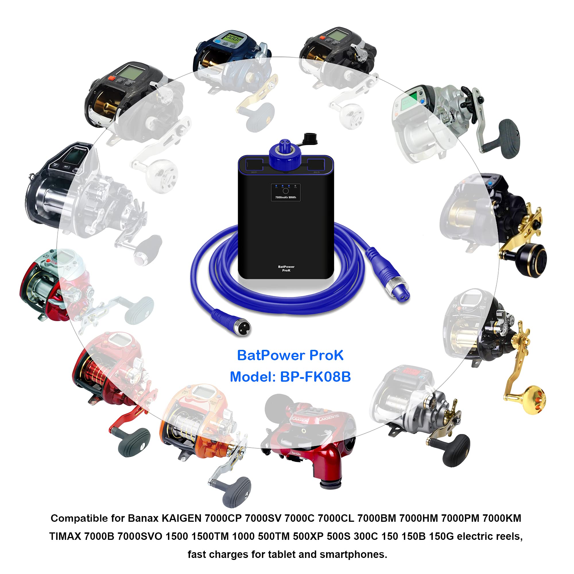 BatPower ProK Electric Fishing Reel Battery & Charger for Banax Kaigen 7000/1500/1000/500/300/150 - High Capacity Replacement Battery Pack for Saltwater & Freshwater Fishing - Perfect for Deep Sea Fishing, Trolling, and Offshore Angling
