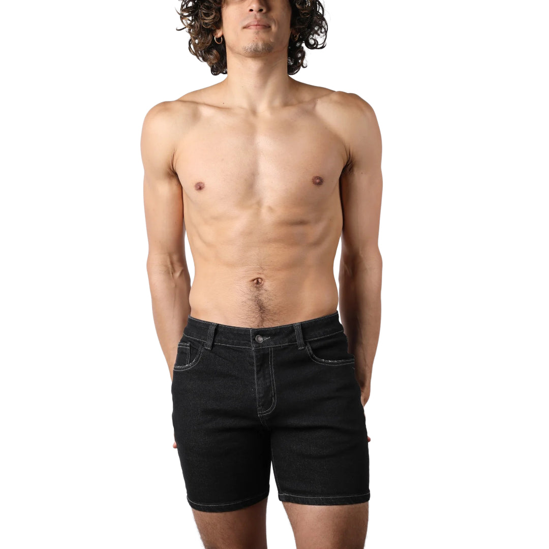 Timoteo Oceanside 5 Slim Fit Denim Shorts for Men - Black Washed Stretch Jeans Shorts | Casual Summer Wear, Beach Outings & Weekend Street Style