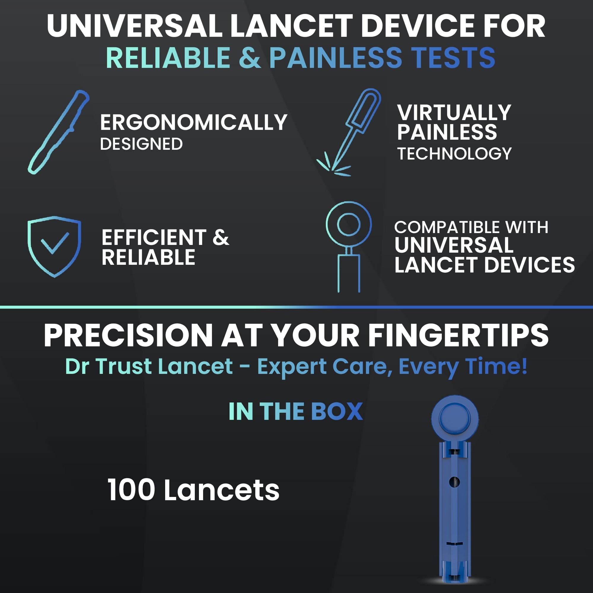 Dr Trust USA Lancets 9008 - Pack of 100 Sterile Diabetic Testing Needles | Universal Compatibility with All Glucometer Brands | Perfect for Home Blood Sugar Monitoring & Diabetes Care