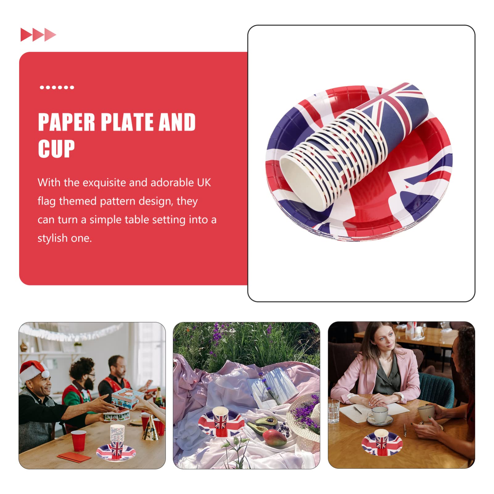 Veemoon Union Jack Paper Cup & Plate Set - 16-Piece British Themed Party Tableware for 70th Platinum Jubilee Decorations - Perfect for UK Themed Parties, Celebrations & Events