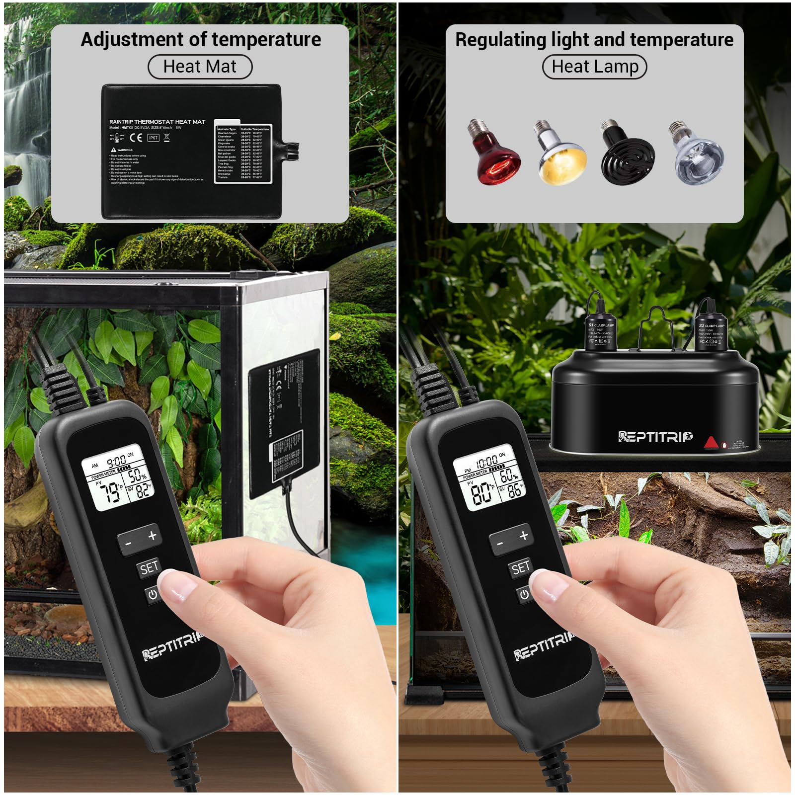 Reptile Thermostat with Temperature Probe - Dimmable PID Temperature Controller for Heat Lamps & Heating Pads, ℉/℃ Switchable with Memory Function - Ideal for Terrariums, Vivariums & Reptile Habitats