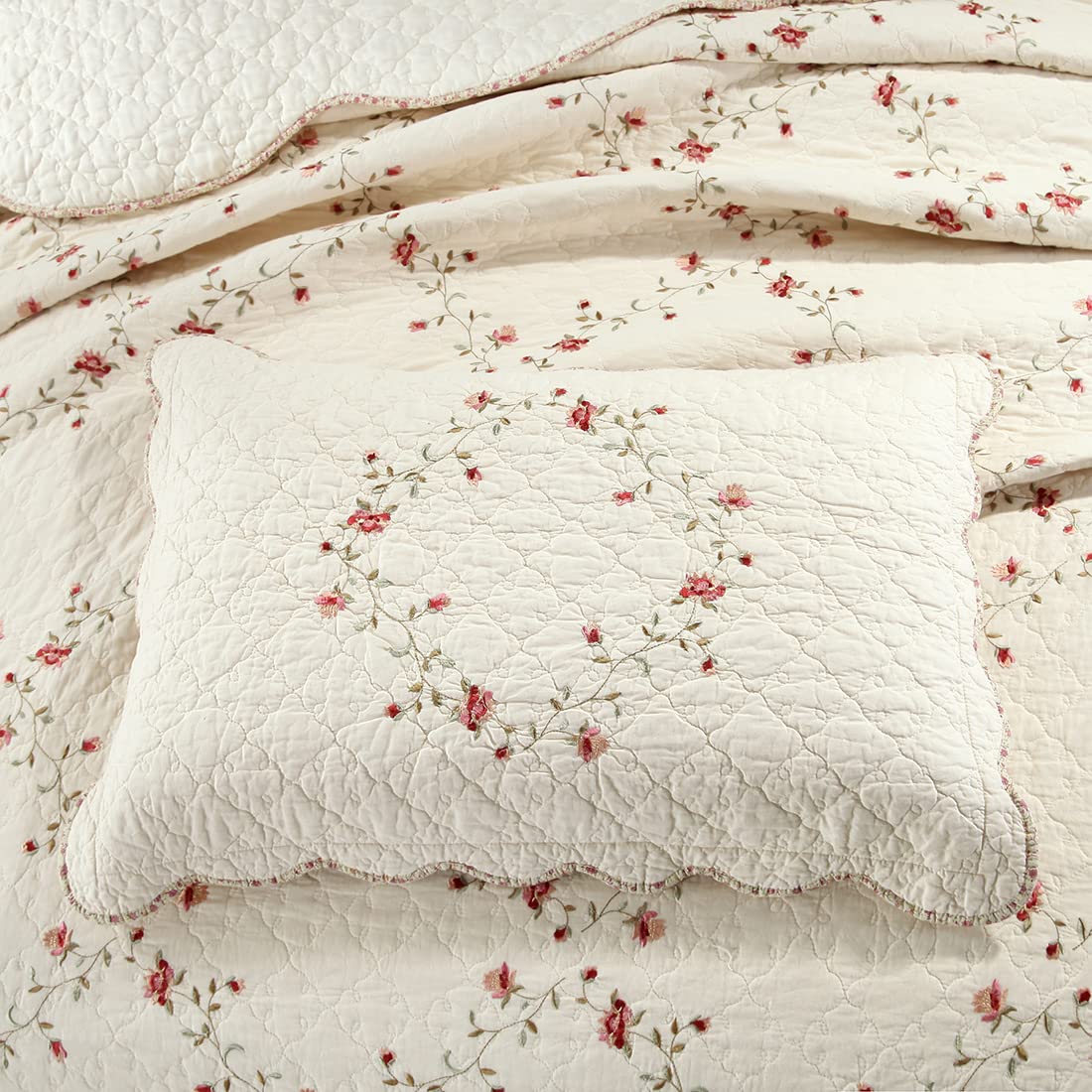 VCTOPS 2-Piece King Size Floral Embroidered Pillow Shams Set - 100% Cotton Quilted Decorative Pillow Covers (20x36 Inches, Cream) for Bedroom, Living Room & Home Decor