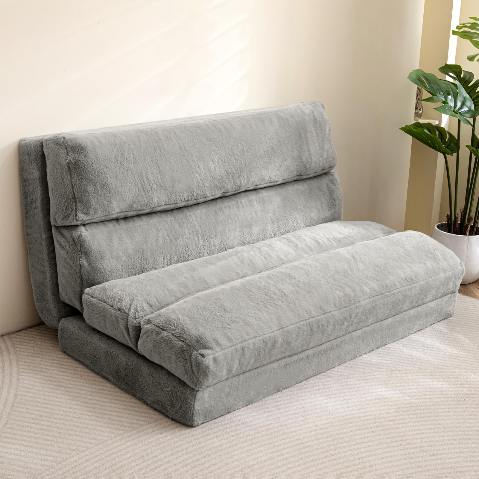 MAXYOYO Extra Wide Foldable Bean Bag Bed - Convertible Sofa to Floor Mattress for Adults, Grey - Perfect for Lounging, Guest Beds & Small Space Living