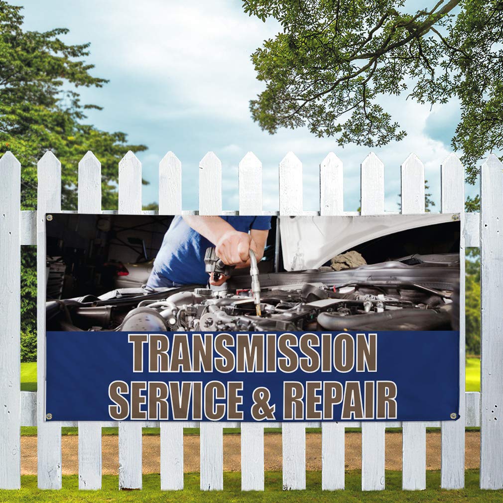 Durable Vinyl Banner for Transmission Service & Repair - Weatherproof, Industrial Yard Signs (60x144 Inches, Blue, 10 Grommets) - Perfect for Automotive Shops, Outdoor Advertising & Business Promotion