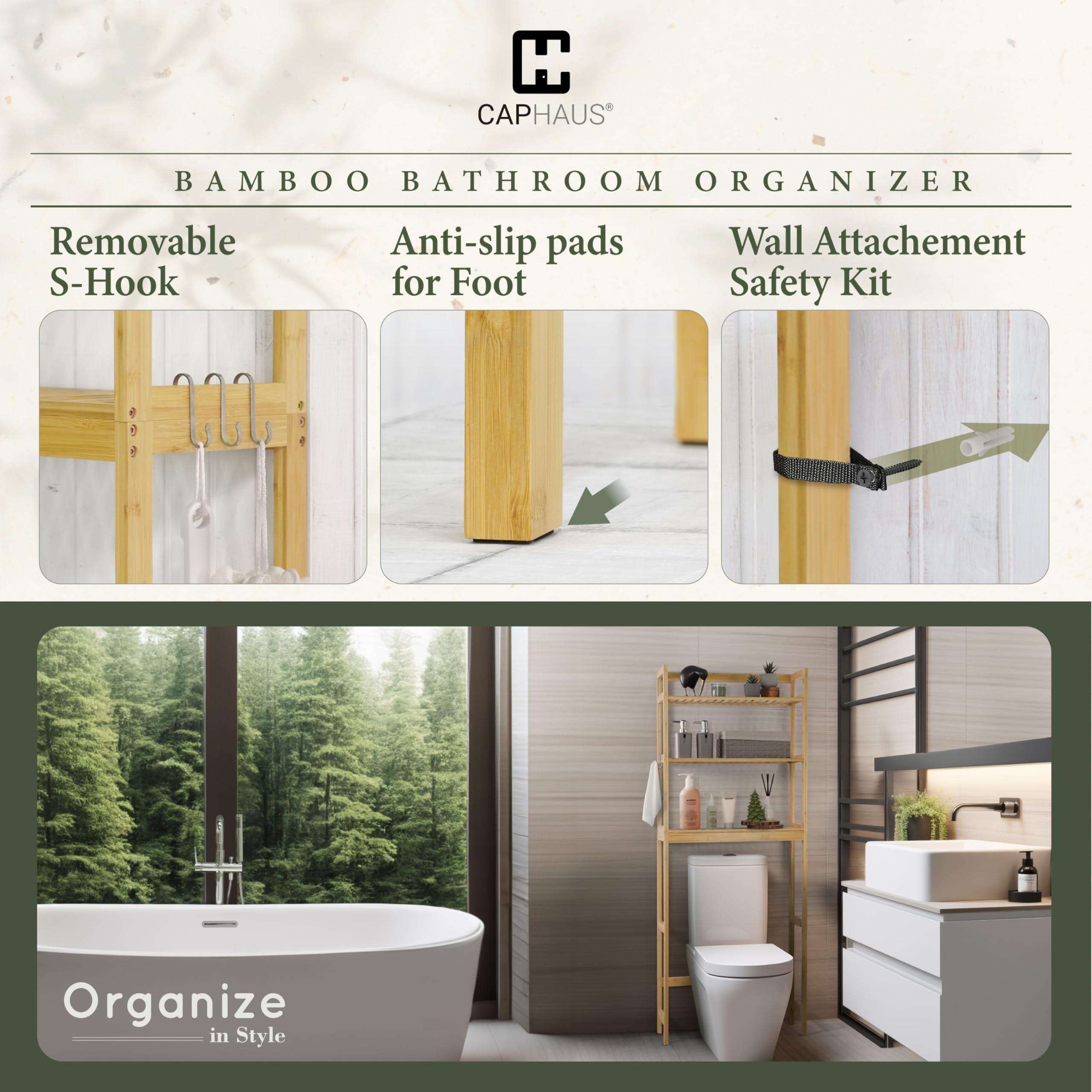 CAPHAUS 24-Inch Bamboo Over The Toilet Storage Shelf with Hooks & Adjustable Feet - Freestanding Bathroom Organizer Rack for Toilet Paper, Towels & Laundry - Perfect for Small Bathrooms, Balcony Plant Display & Home Decor