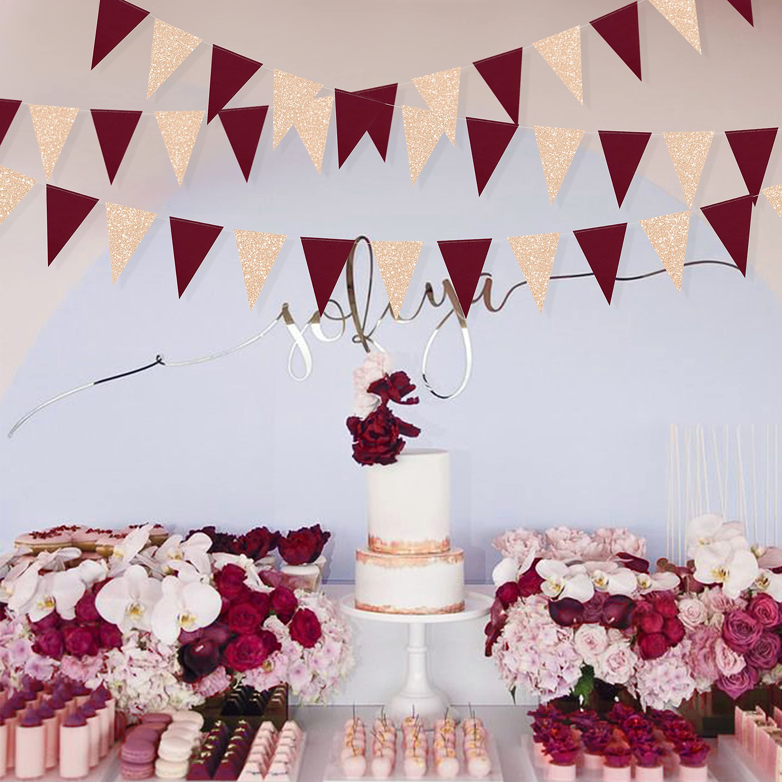 Elegant Burgundy & Gold Triangle Banner - Maroon Champagne Pennant Bunting for Birthday, Wedding, Bridal Shower, Baby Shower & Anniversary Decor | Perfect for Indoor/Outdoor Party Decorations