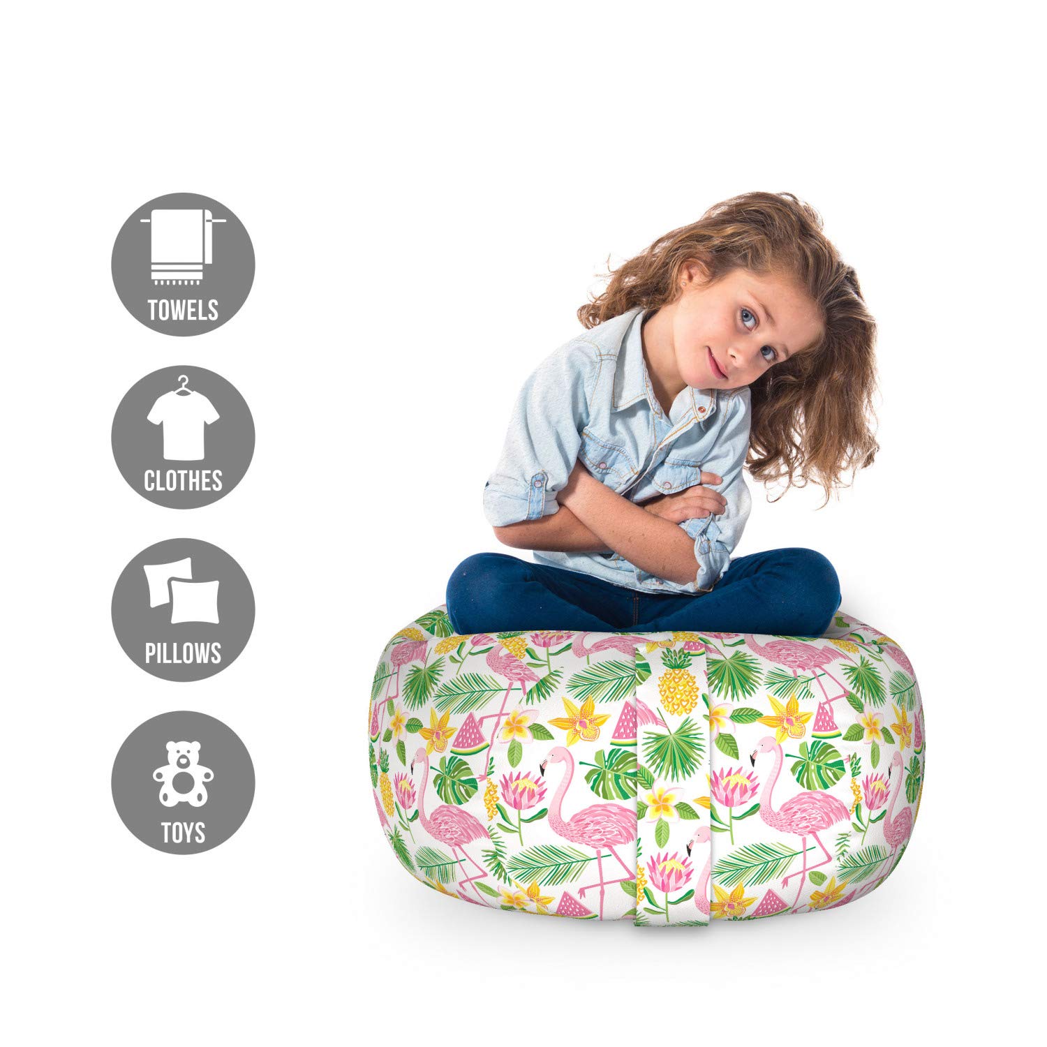 Ambesonne Exotic Flamingo Watermelon Pineapple Storage Toy Bag Chair - Stuffed Animal Organizer with Tropical Island Flower Leaf Print - Washable Small Size in Pink Green Mustard - Perfect for Kids' Room, Playroom & Nursery Organization