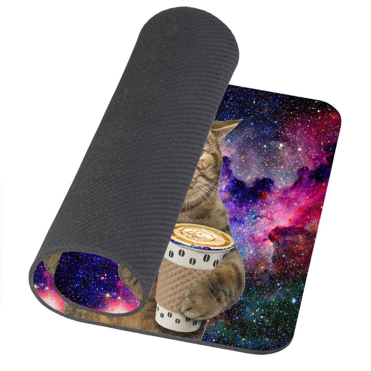 Galaxy Themed Gaming Mouse Pad - Space Cat Holding Coffee & Orange Donut Design, Non-Slip Rubber Base for Office & PC Use | Custom Rectangle Computer Mousepad for Gamers & Work