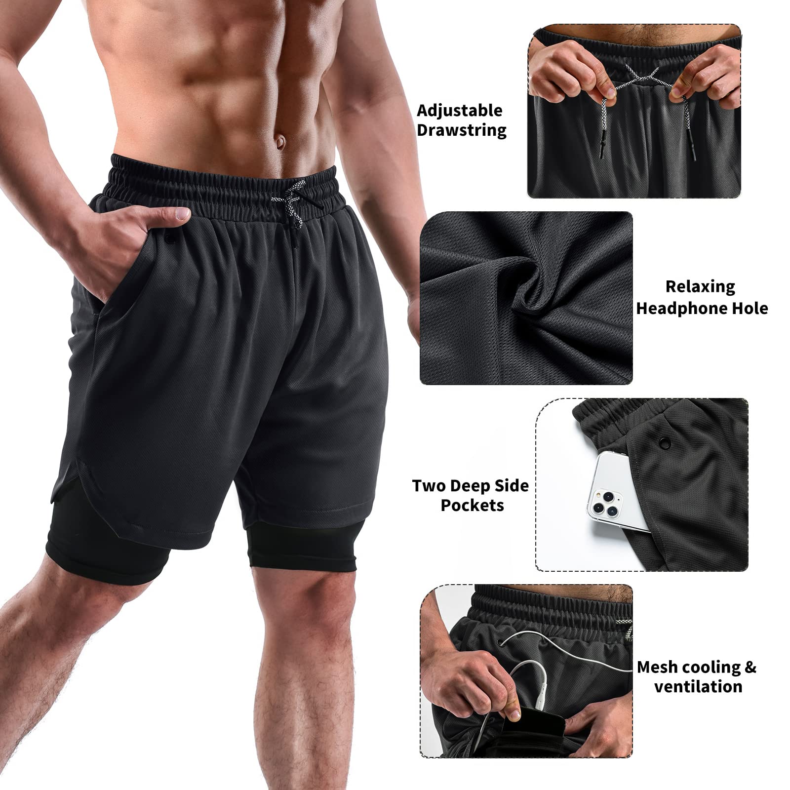2 in 1 Men's Running & Gym Shorts - 7 Inch Quick-Dry Workout Shorts with Pockets & Towel Loop (2 Pack) - Perfect for Jogging, Training & Outdoor Activities