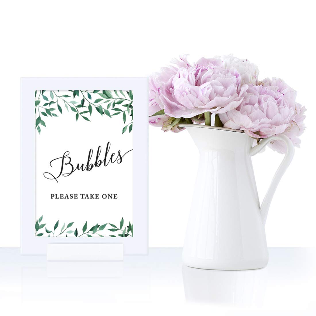4x6 Inch Andaz Press Framed Wedding Party Sign - Natural Greenery Leaves Design, Bubbles Please Take One Sign, 1-Pack with Reusable Photo Frame | Perfect for Wedding Receptions, Bridal Showers & Anniversary Celebrations