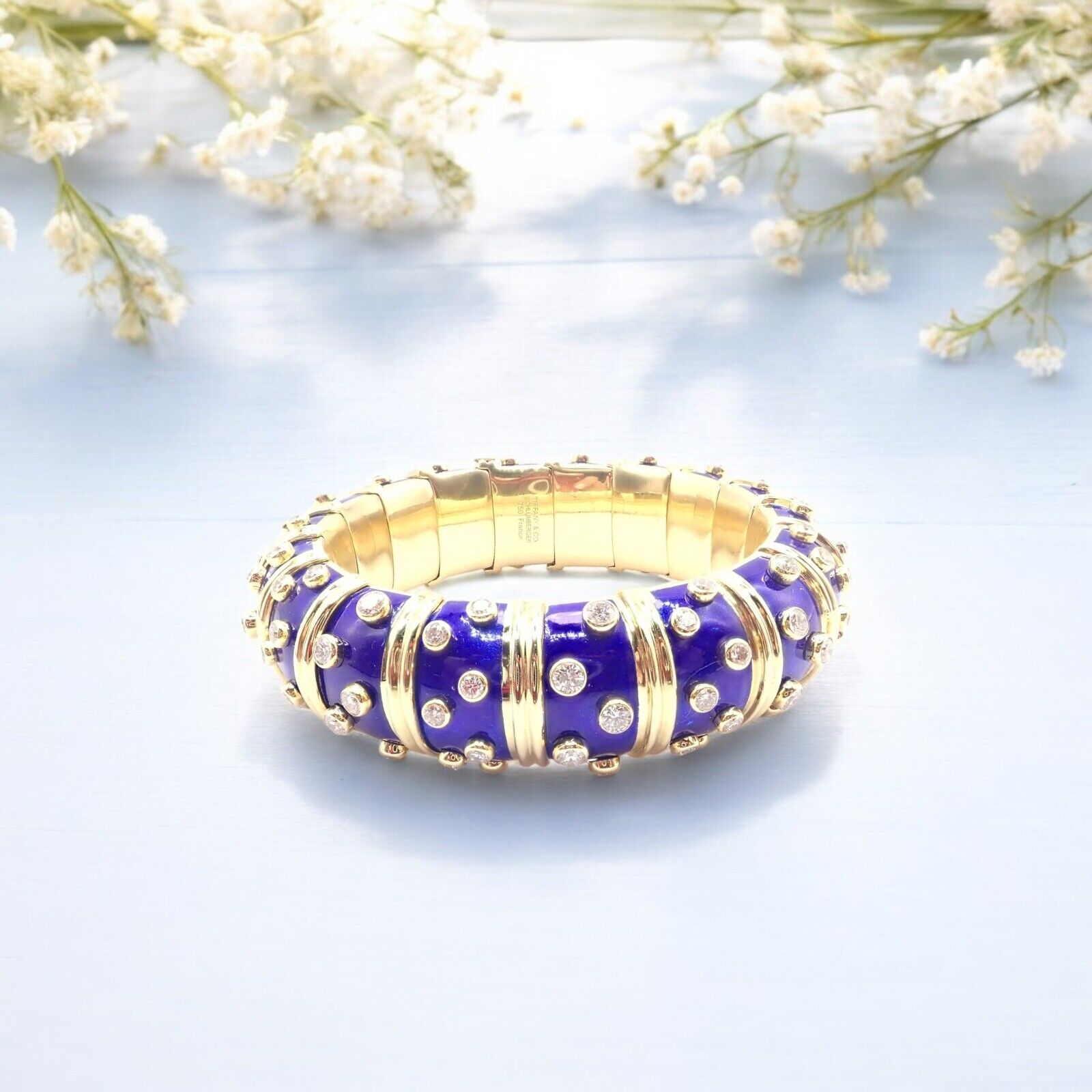 Tiffany & Co Schlumberger Dots 18k Yellow Gold Diamond Enamel Bangle Bracelet for Women - Luxury Diamond Jewelry Gift for Anniversary, Birthday & Special Occasions
