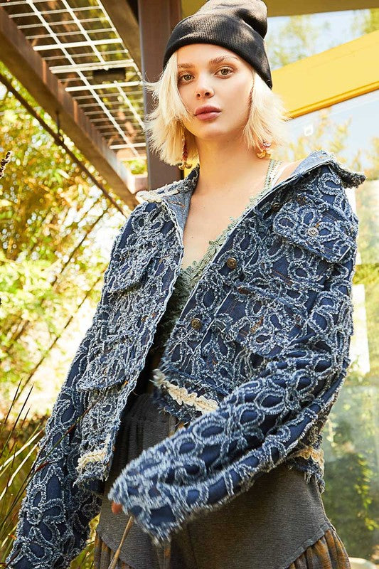 Raw Hem Long Sleeve Denim Boho Jacket for Women - Vintage Distressed Denim Shacket - Oversized Light Wash Jacket for Casual Outfits, Music Festivals & Street Style