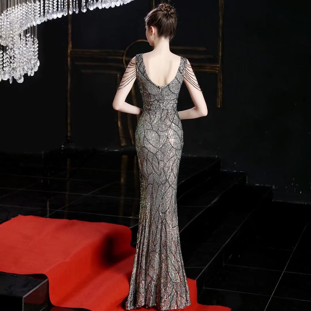 Mordarli Women's V Neck Sequin Prom Dress Formal Gown Long Evening Dress with Crystal Beading - Elegant Party Gown for Homecoming, Wedding, Ball & Special Occasions