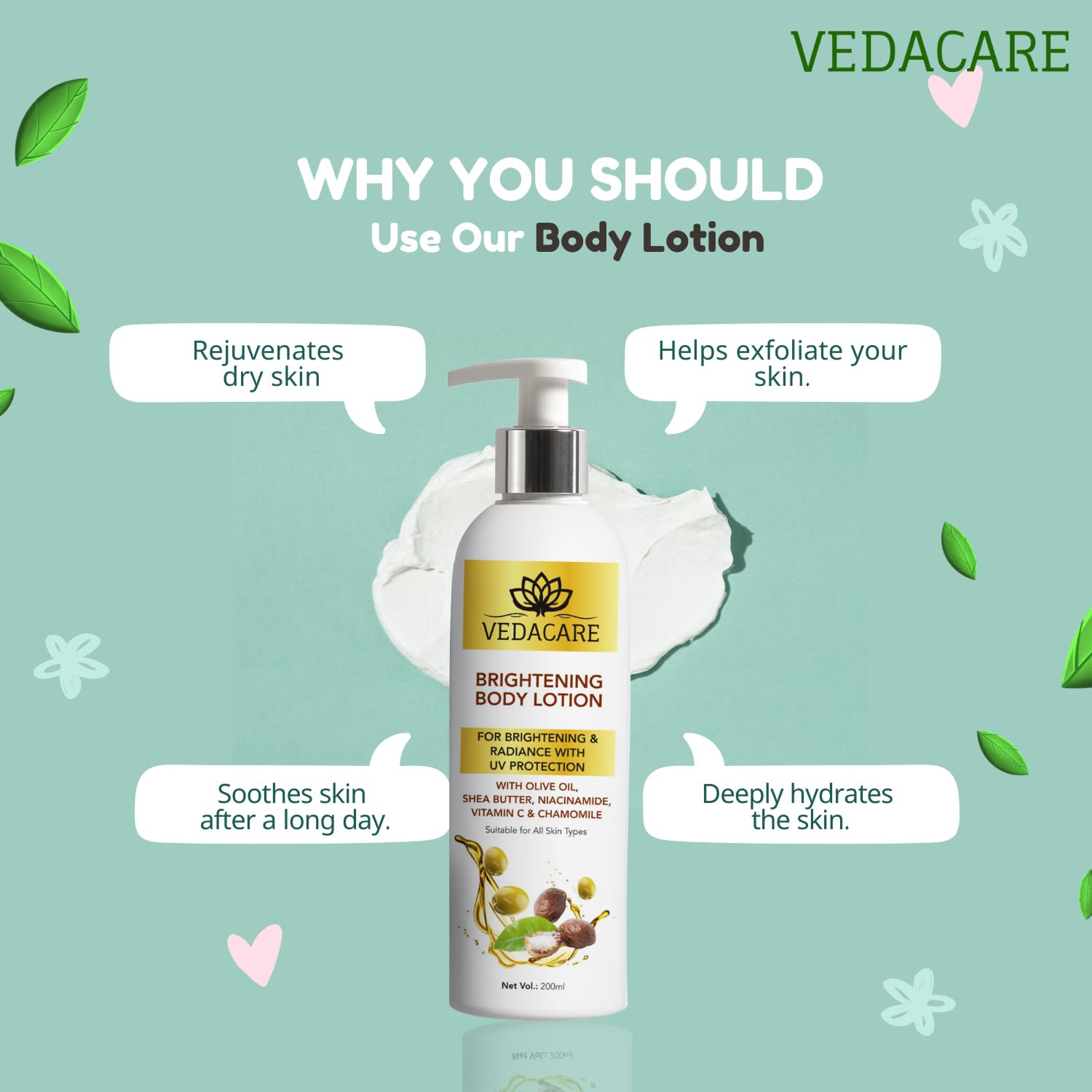 Vedacare Brightening Body Lotion 200ml with Niacinamide, Olive Oil, Shea Butter & Vitamin C - Skin Lightening, Moisturizing & Sun Protection for Hyperpigmentation - Perfect for Daily Use, After Sun Care & Evening Skincare Routine