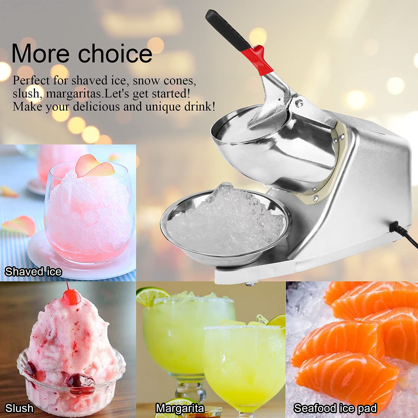 Electric Ice Crusher Machine 110V - 300W Dual Blade Ice Shaver with Bowl & Cover - 80kg/Hour Snow Cone Maker for Home & Commercial Use - Perfect for Margaritas, Smoothies, Cocktail Bars & Party Drinks (Silver)
