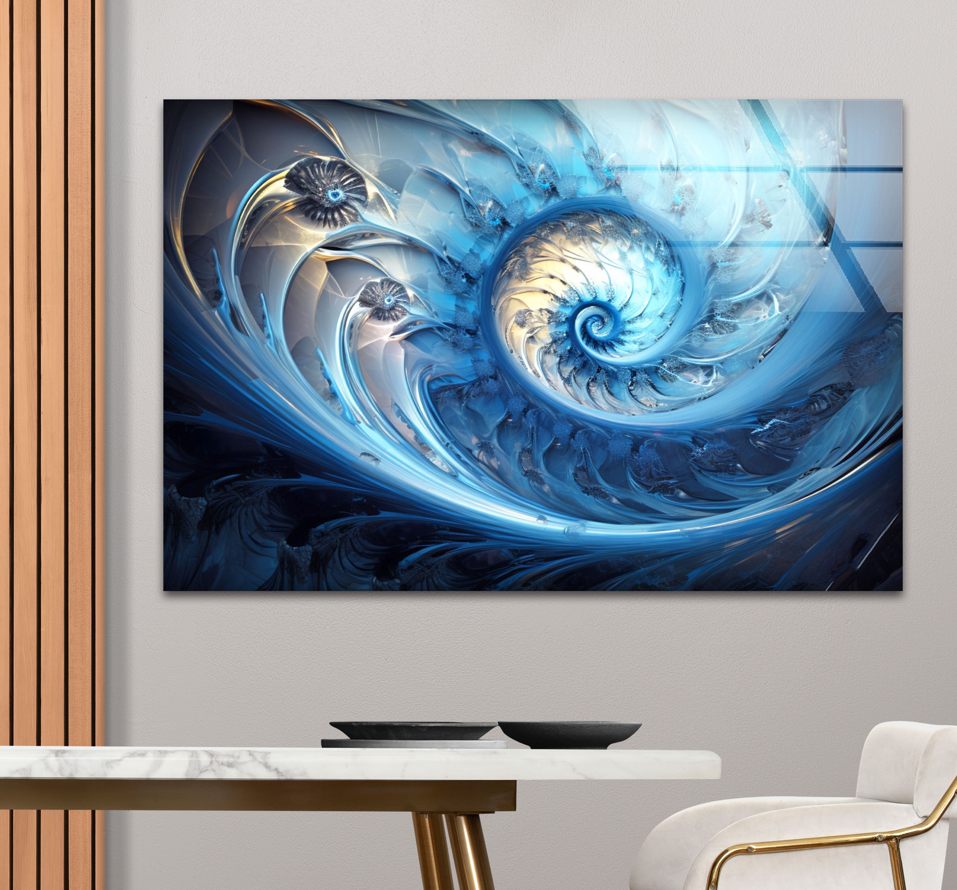 Blue Fractal Spiral Wall Art - Abstract Nautilus Glass Print for Modern Living Room & Office Decor | Perfect for Contemporary Home & Workspace Interiors
