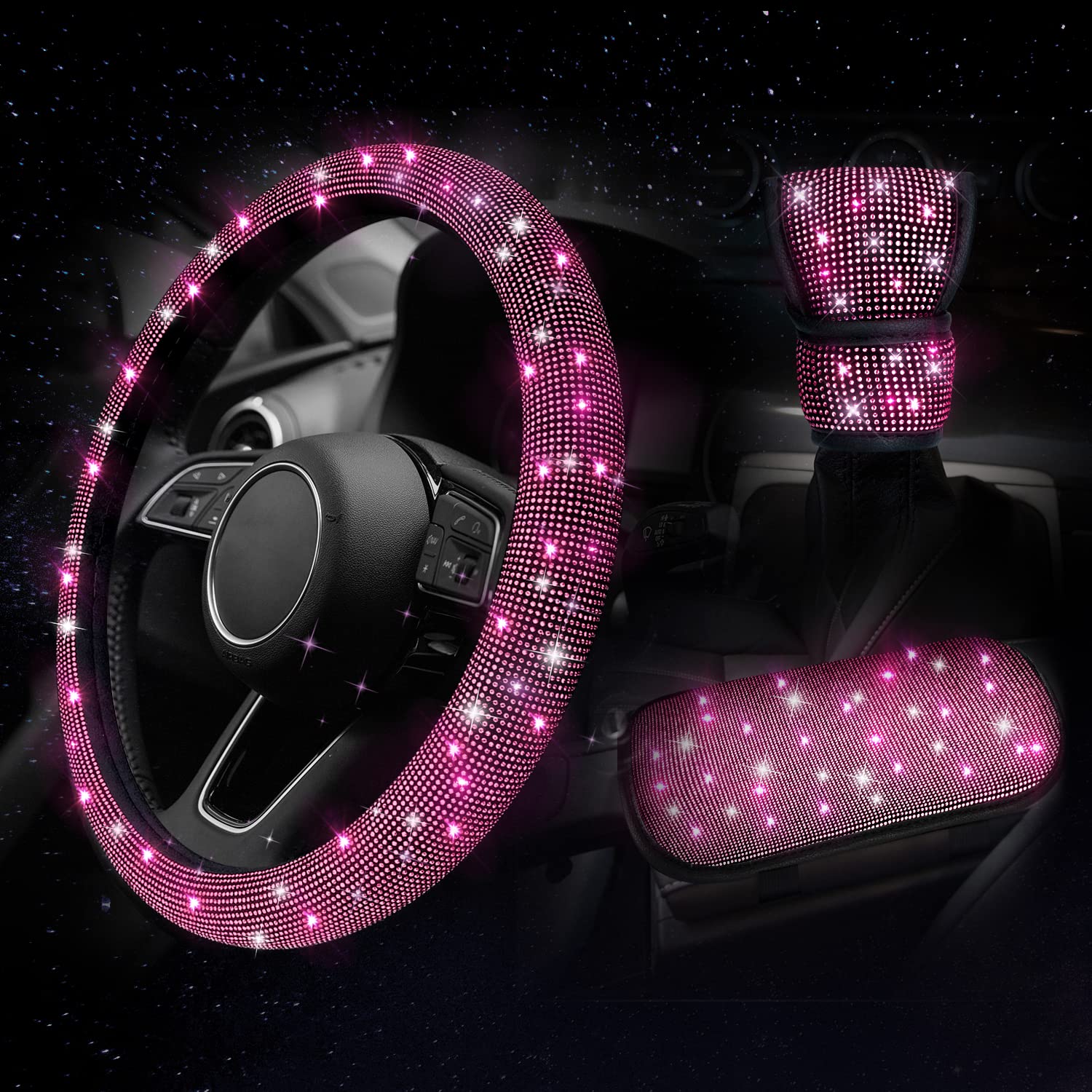 Sparkling Car Accessories Set for Women - Rhinestone Steering Wheel Cover, Glitter Gear Shift & Console Protector - Universal Fit for Most Vehicles (Perfect for Commuting, Road Trips & Gift Giving)