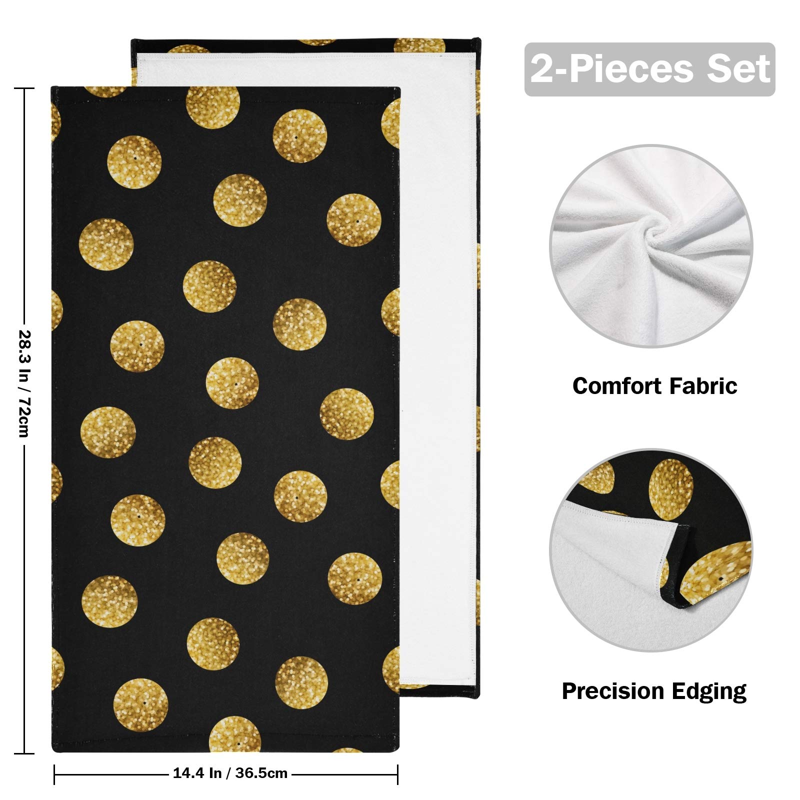 Qilmy 2-Piece Bath Towel Set - Super Absorbent Soft Cotton Towels for Bath, Face, Hand & Gym - Polka Dot Gold & Black - Perfect for Home, Shower & Travel Use