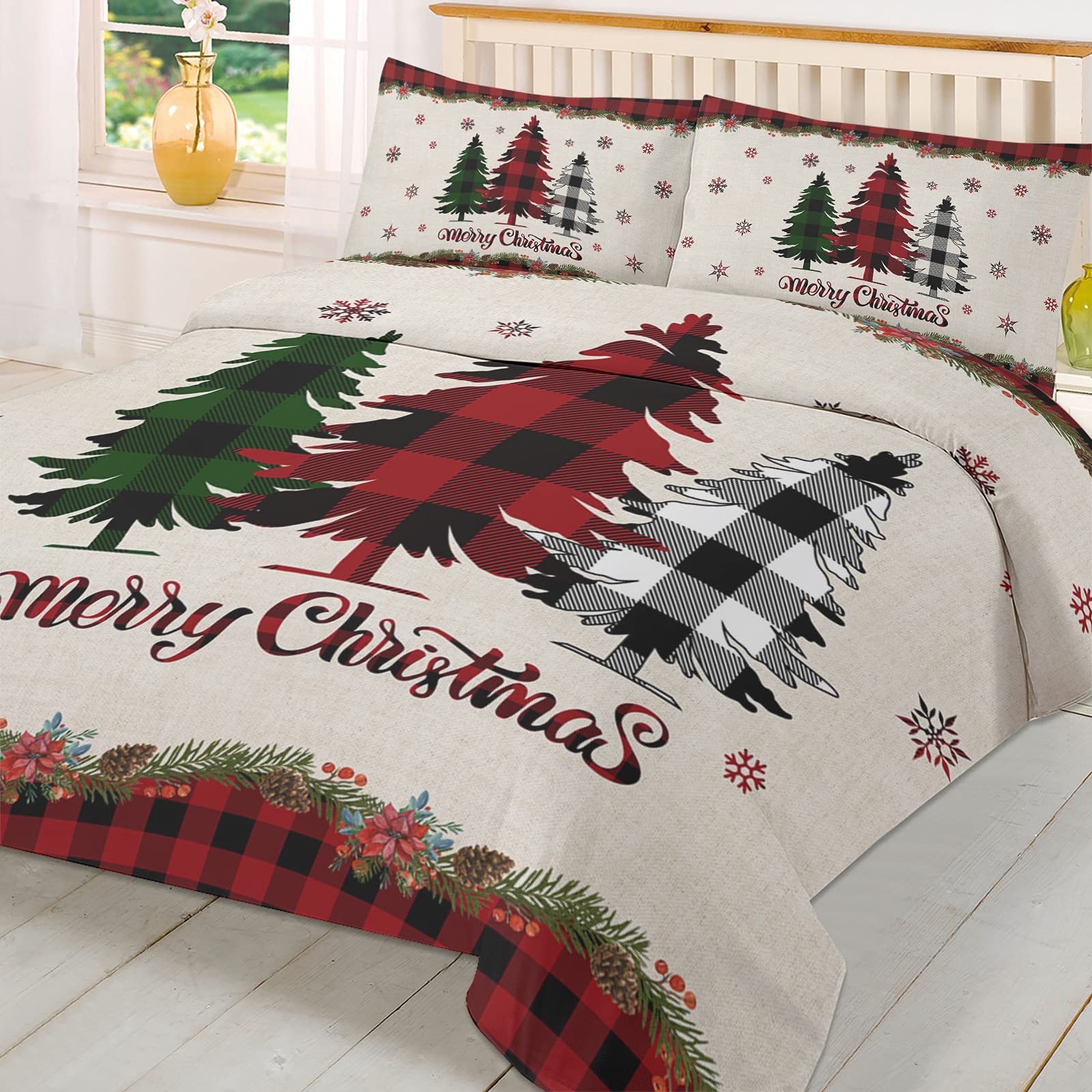 Full Size 3-Piece Buffalo Plaid Duvet Cover Set with 2 Pillow Shams - Lightweight Soft Comforter Cover with Christmas Tree Design | Perfect for Holiday Bedroom Decor & Cozy Winter Nights