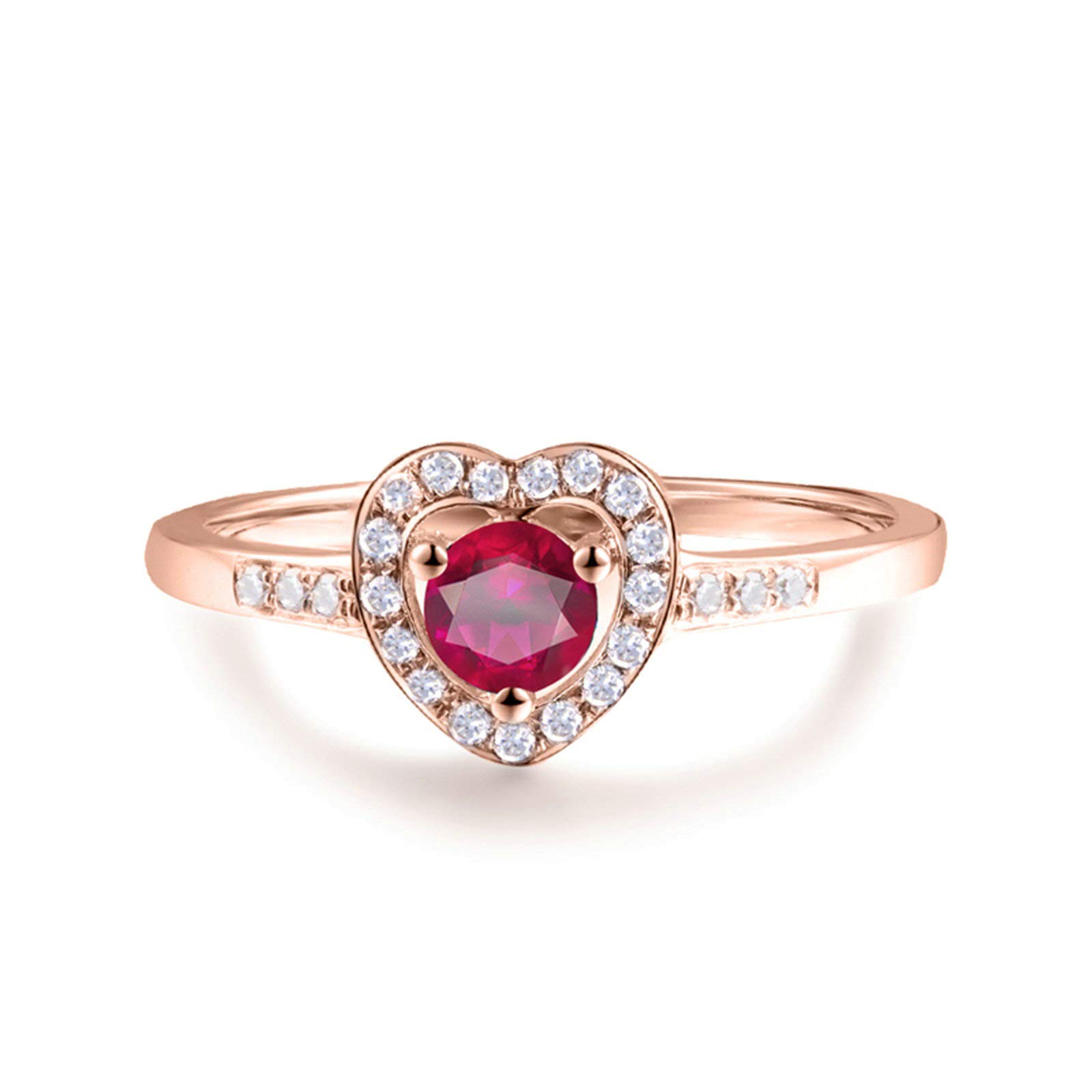 Rose Gold Heart Shaped Ring for Women - 0.45ct Round Cut Rose Red Ruby & 0.09ct Diamond Accents - Valentine's Day Gift, Anniversary Jewelry, Romantic Proposal Ring