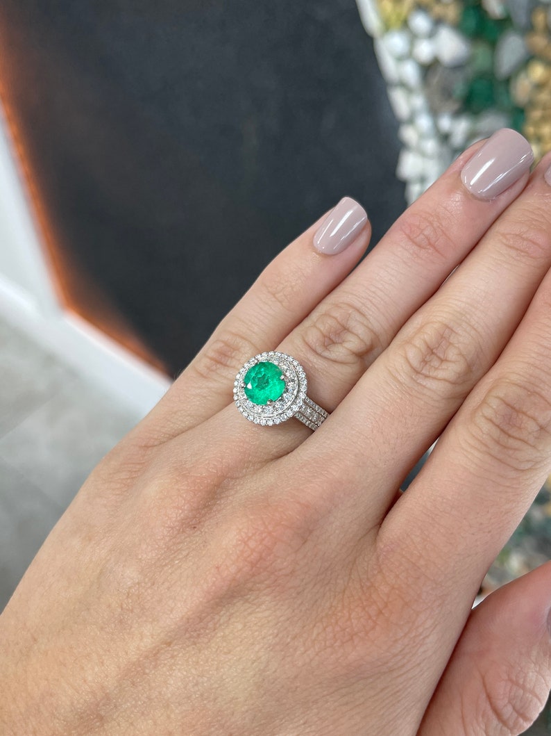 3.52tcw 14K White Gold Round Emerald & Diamond Halo Engagement Ring for Women – Perfect for Proposals, Anniversaries & Bridal Jewelry